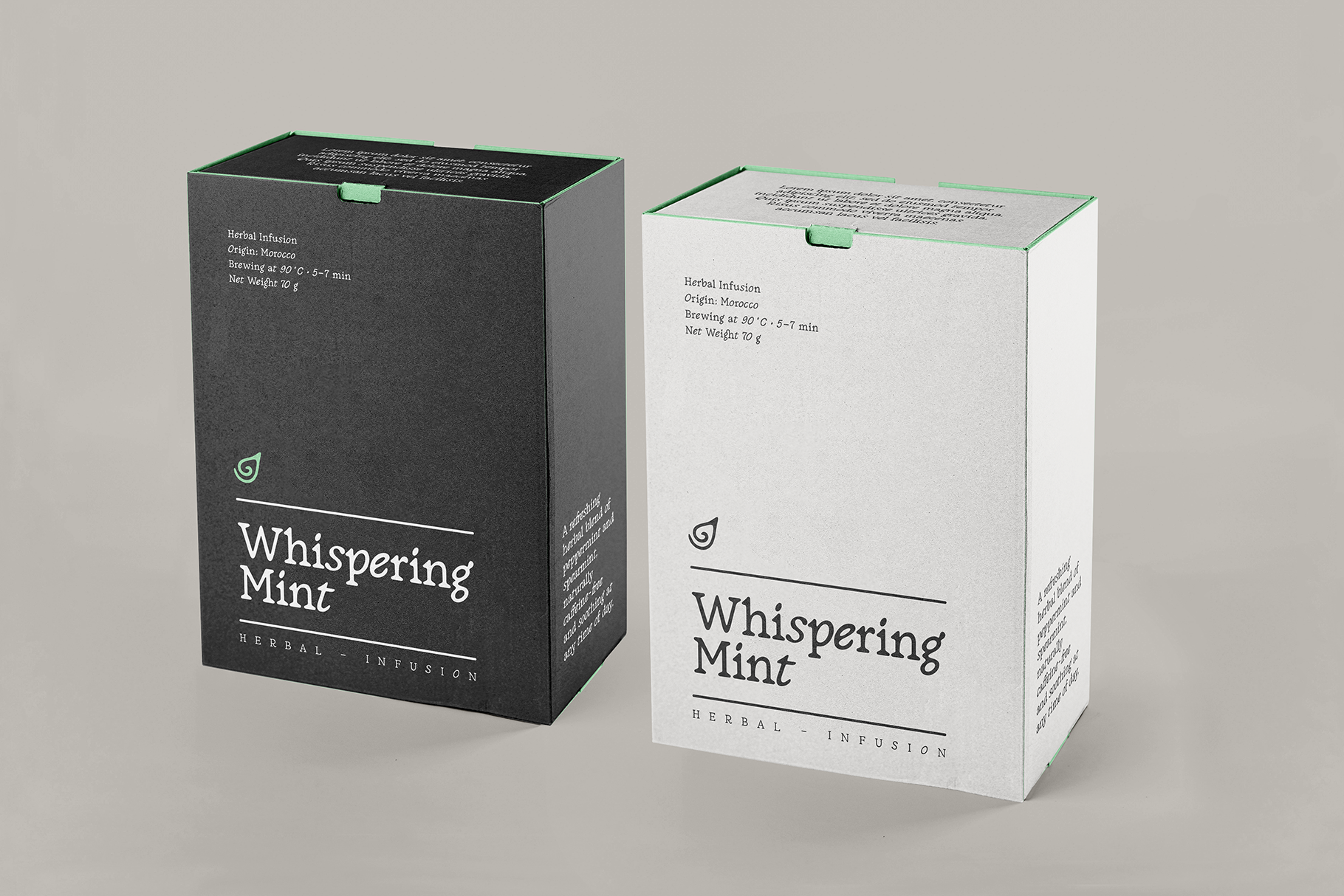 Tea box packaging mockup in black with white variant showing green trim details