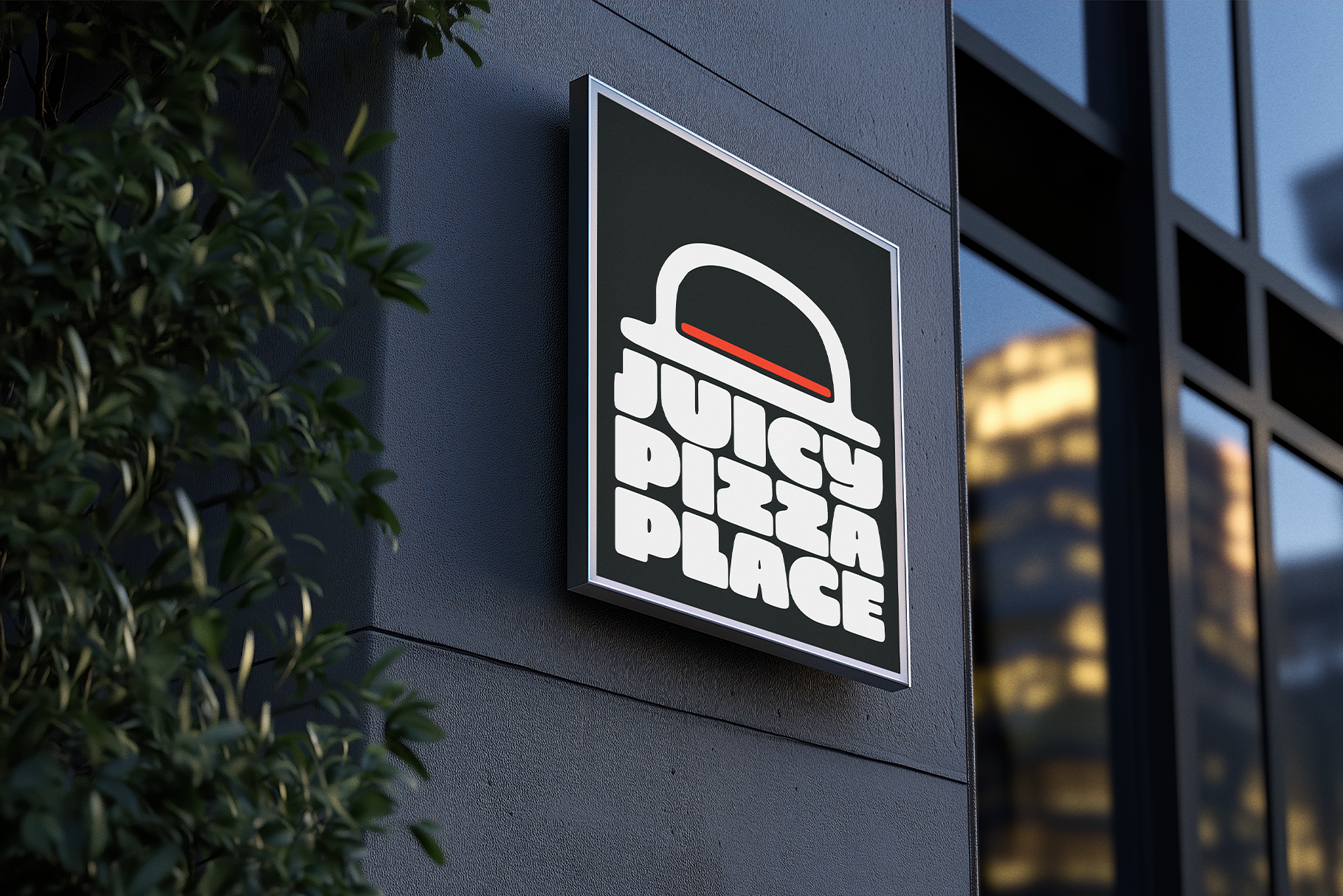 Mockup of a modern pizza restaurant sign on a building exterior with bold typography. Ideal for branding and signage design projects.