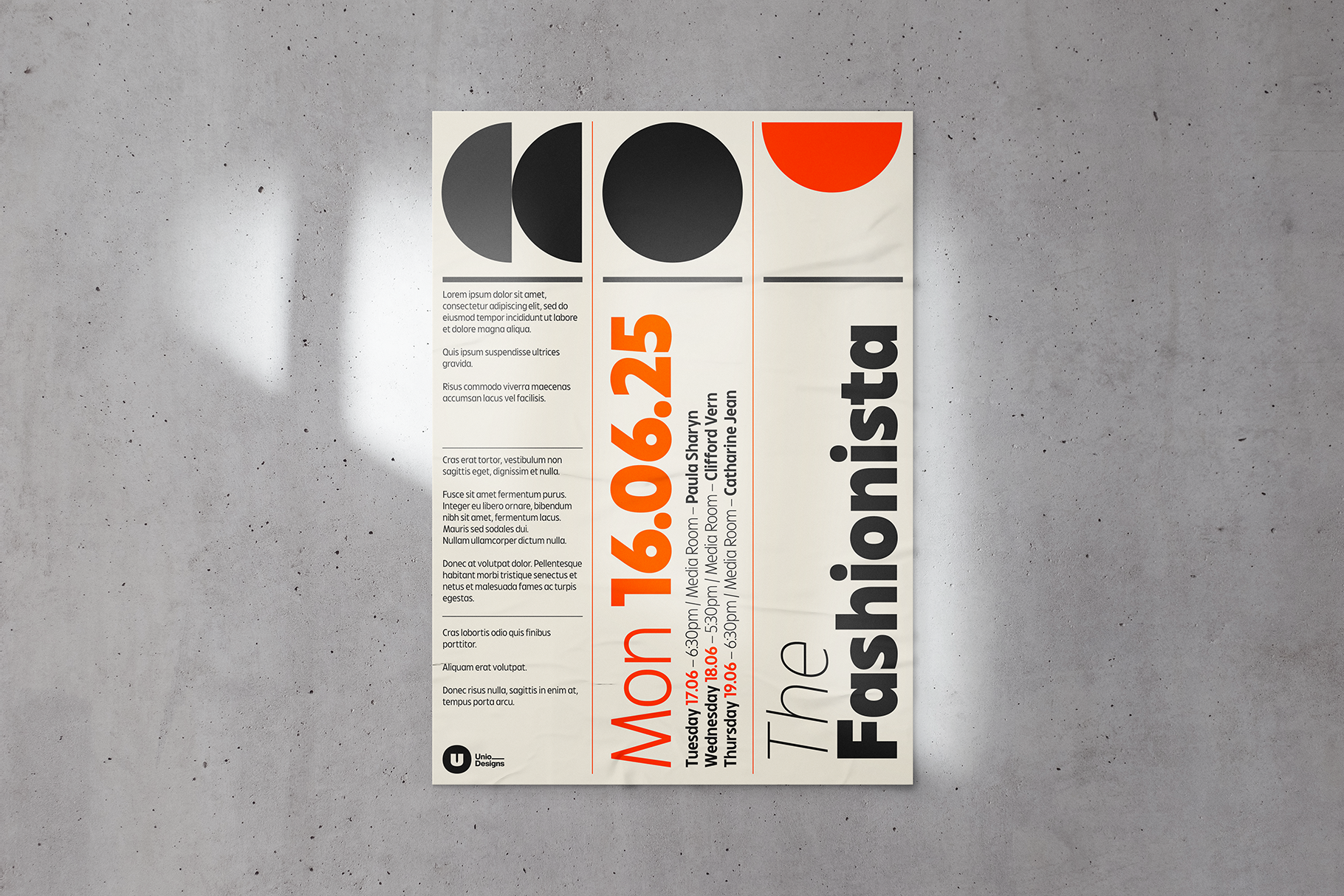Modernist poster with geometric shapes, red semicircle, event details