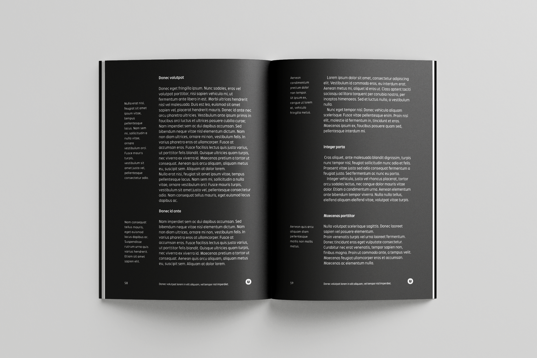 Open book spread showing dense body text on dark pages, pages 58 and 59 visible