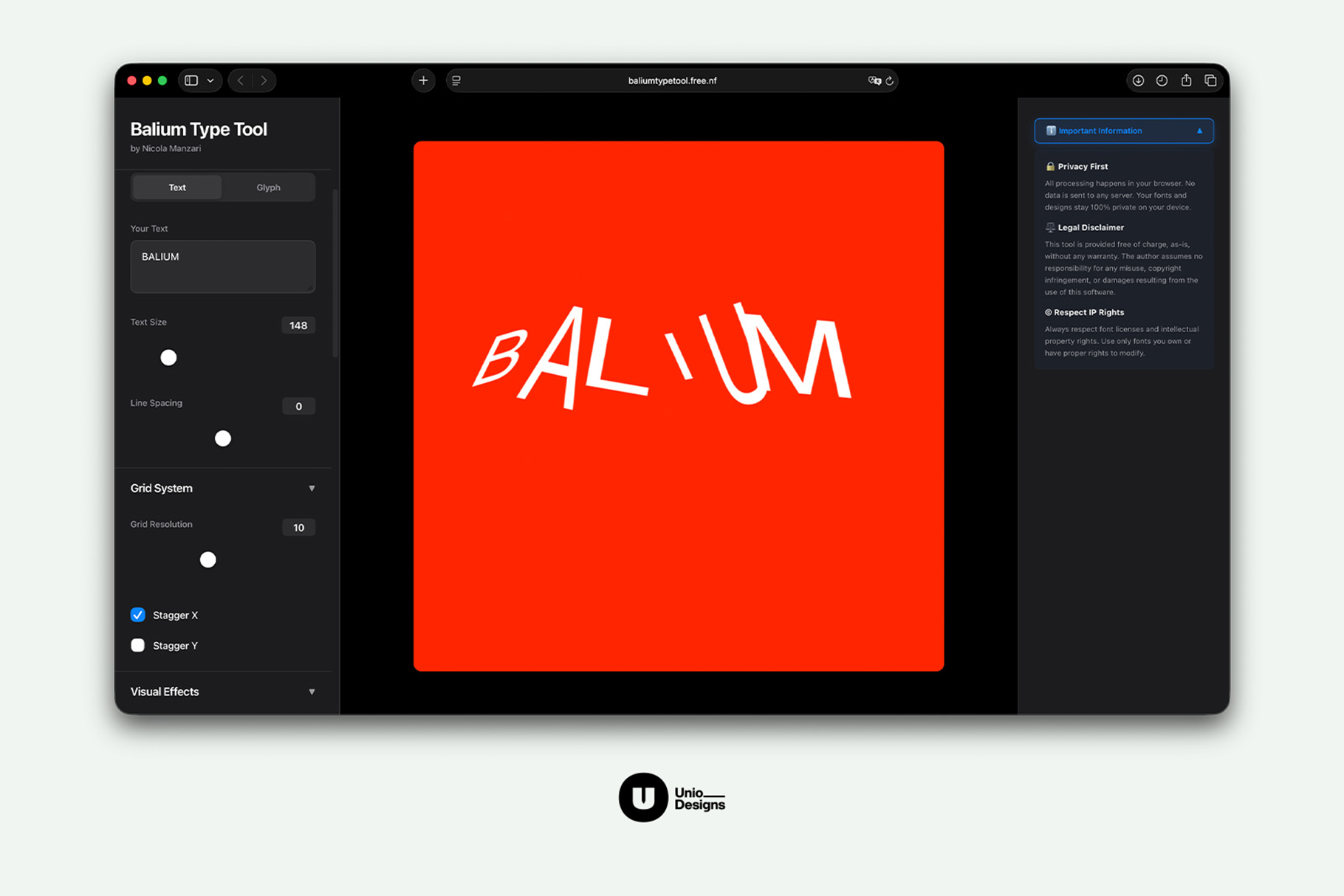 Balium Type Tool web interface showing text preview with red background, controls on left sidebar