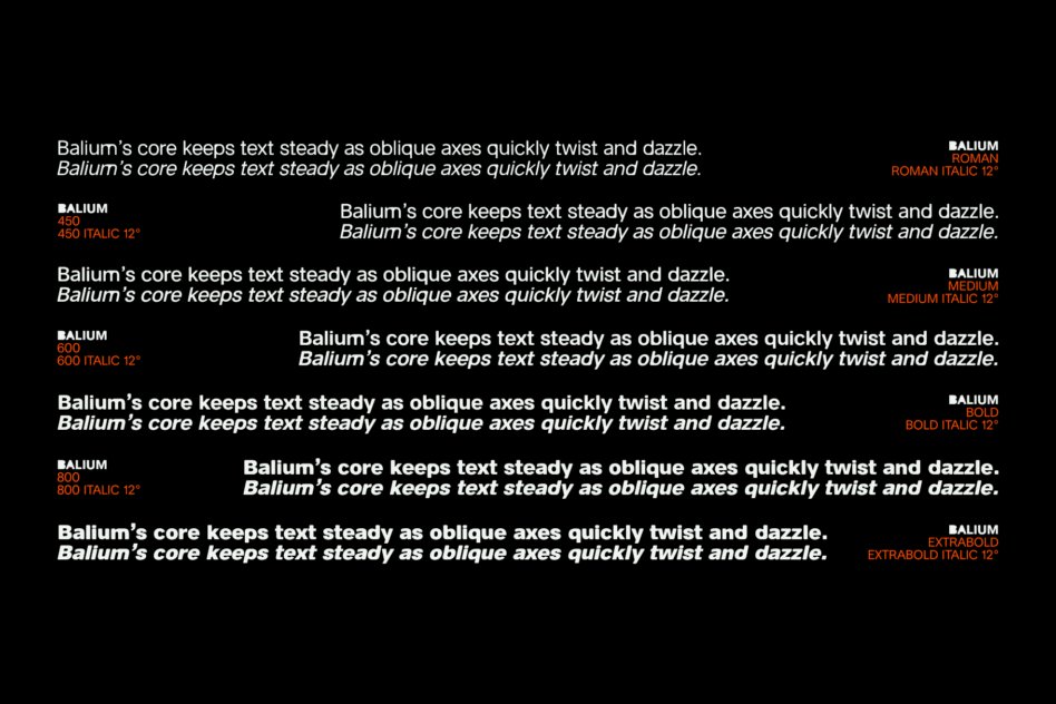 Balium font in various weights showing italic versions on black background