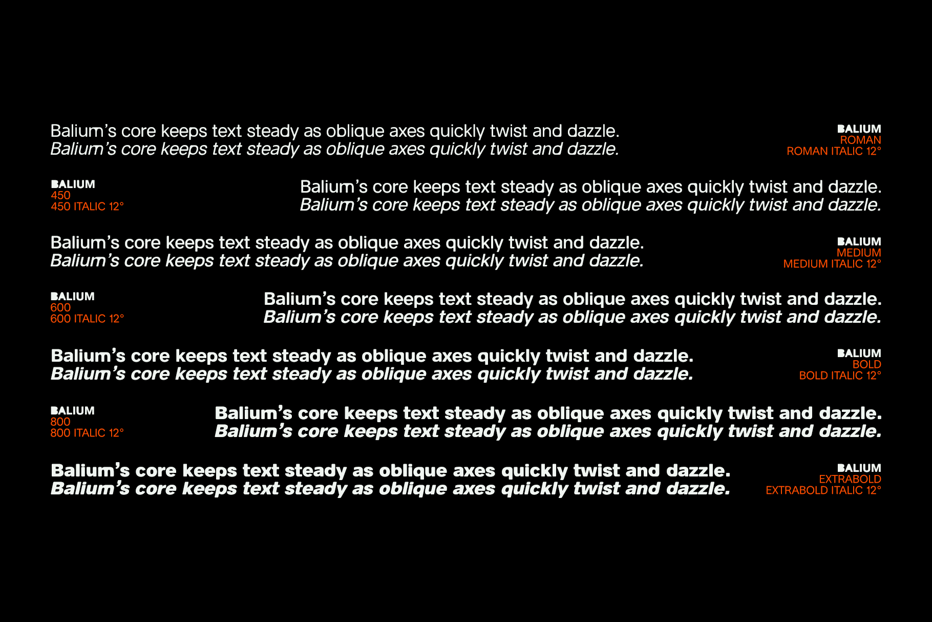Balium font in various weights showing italic versions on black background