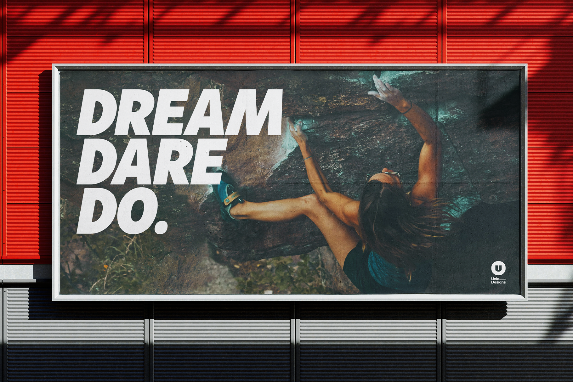 Bold motivational billboard mockup featuring climber in action with text Dream Dare Do in urban setting perfect for graphic design projects and templates.