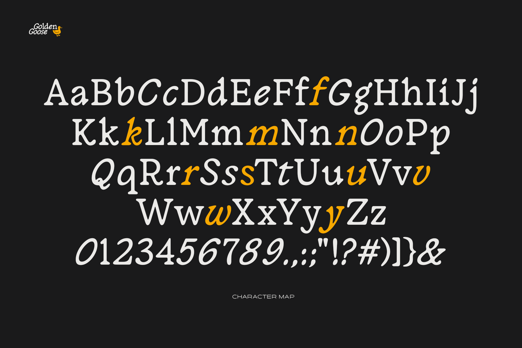 Golden Goose complete character map with letters numbers symbols on dark background