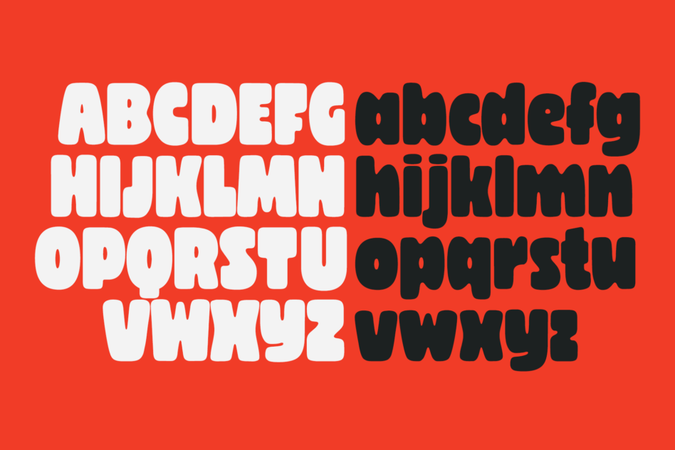 Chunky display typeface shown in white plus black weights on bright red background