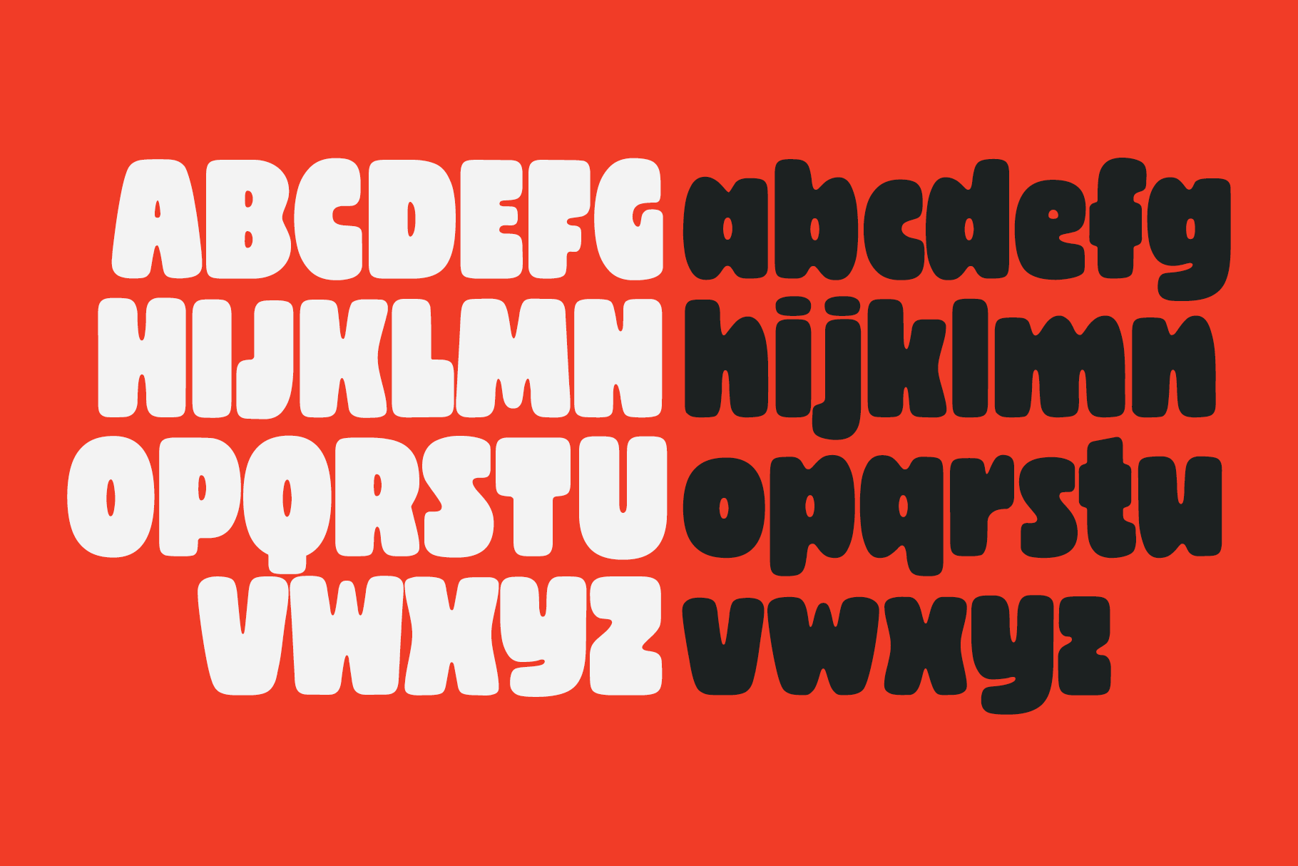 Chunky display typeface shown in white plus black weights on bright red background