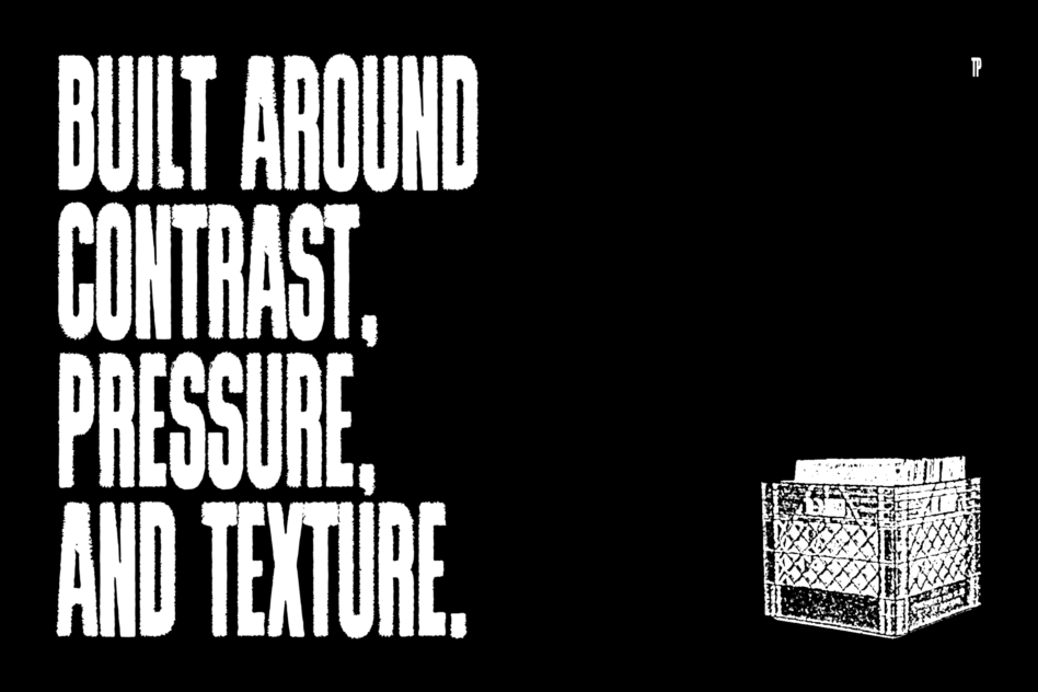 Stark white typography stacked vertically with small crate sketch on black