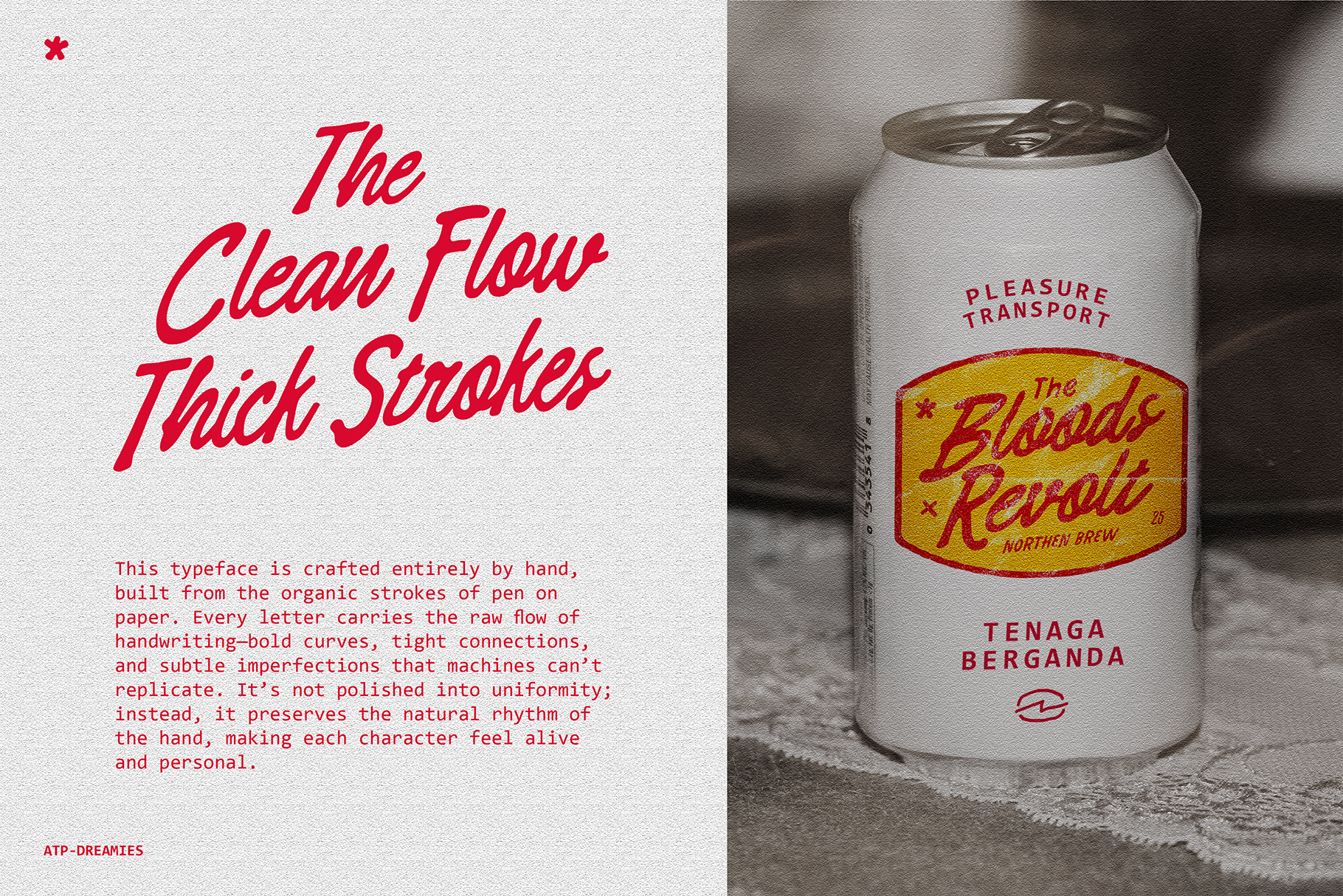 Handwritten script typeface in red on beer can mockup with serif label design