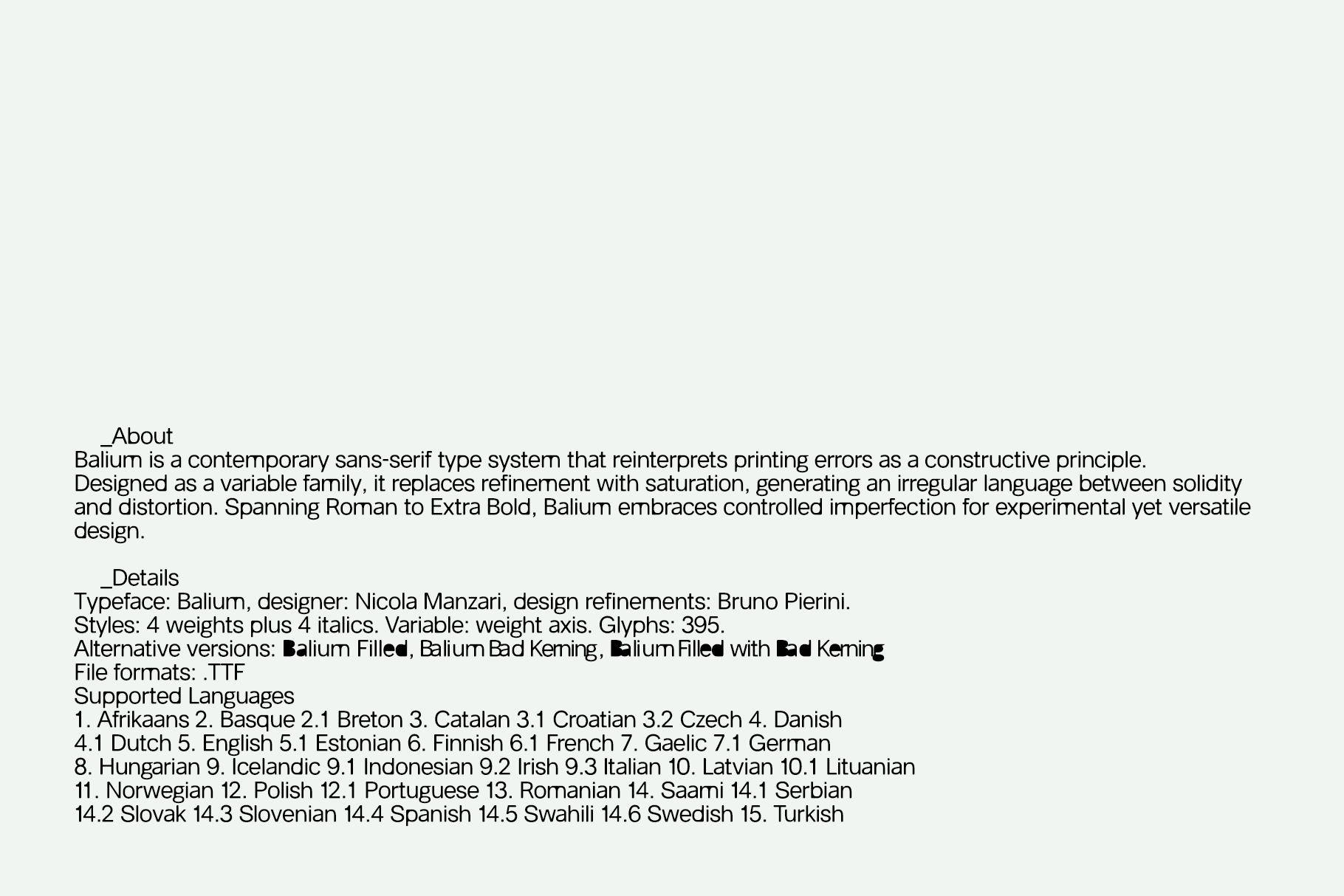 Font specimen sheet with About, Details, specs for Balium typeface