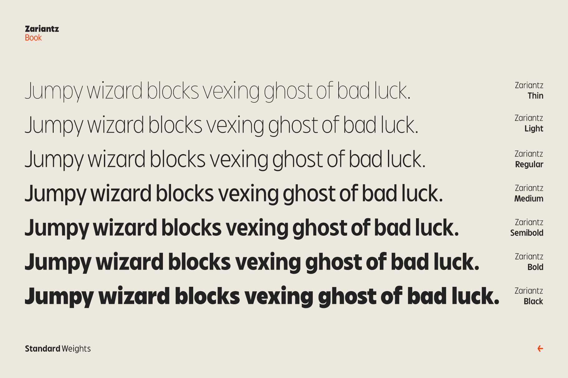 Zariantz font weights from Thin to Black shown in pangram sample text