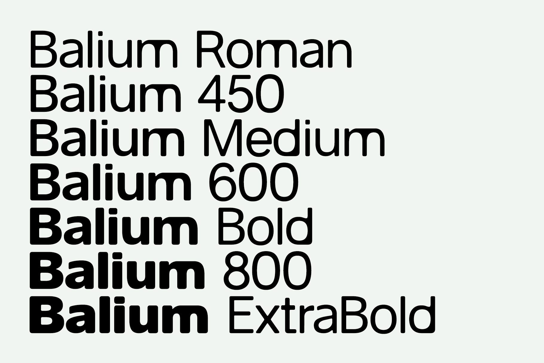 Balium font weights displayed from Roman to ExtraBold in black