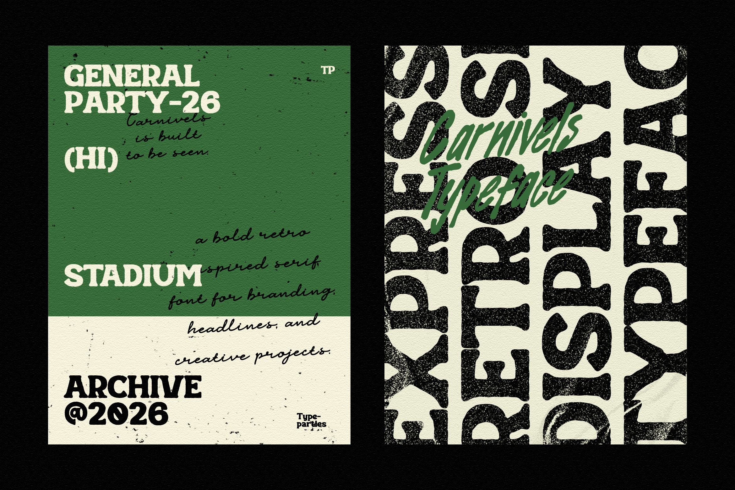 Green card with Stadium serif font names, cream card with Carnivals speckled pattern