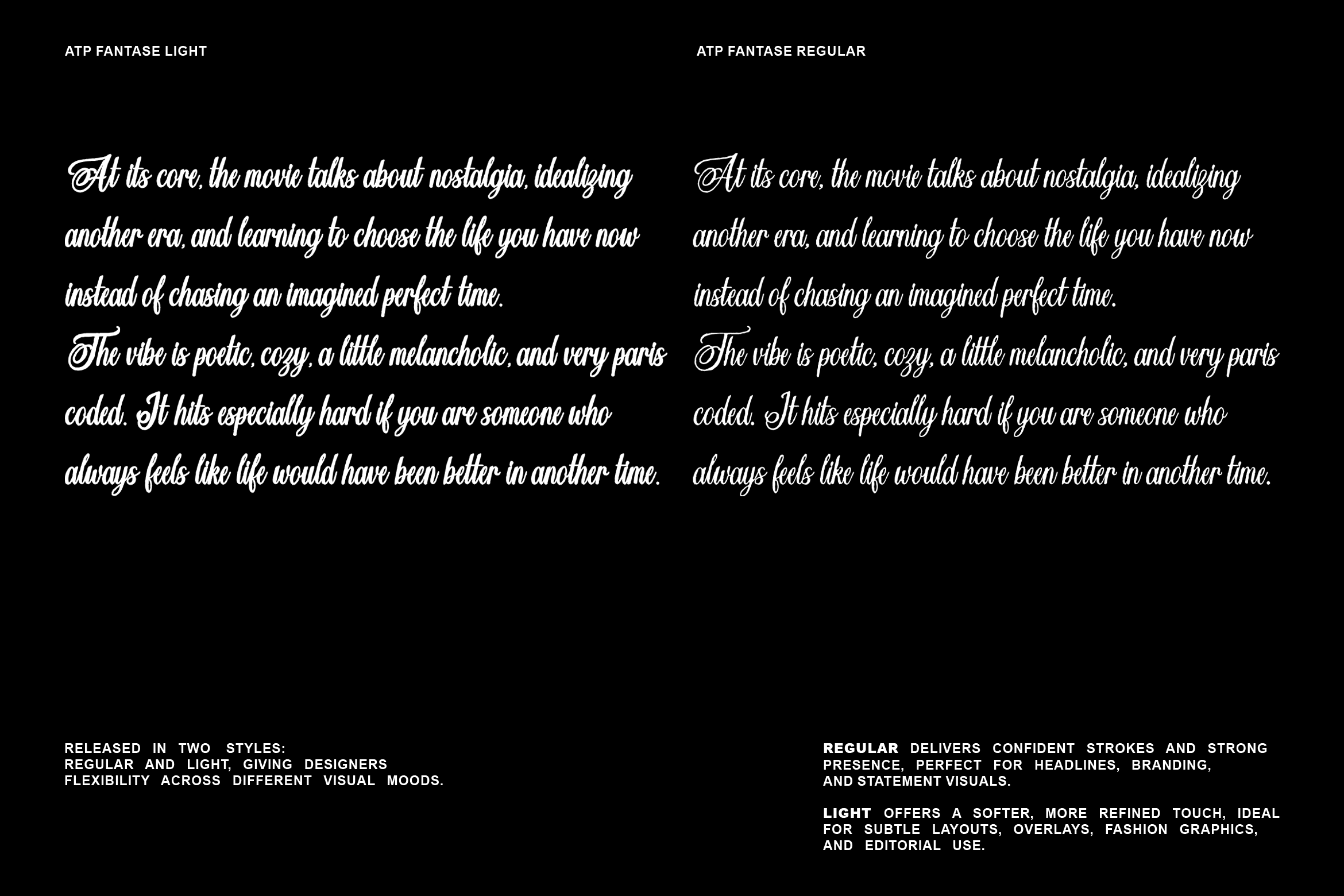 ATP Fantase font shown in Light plus Regular weights with sample text on black
