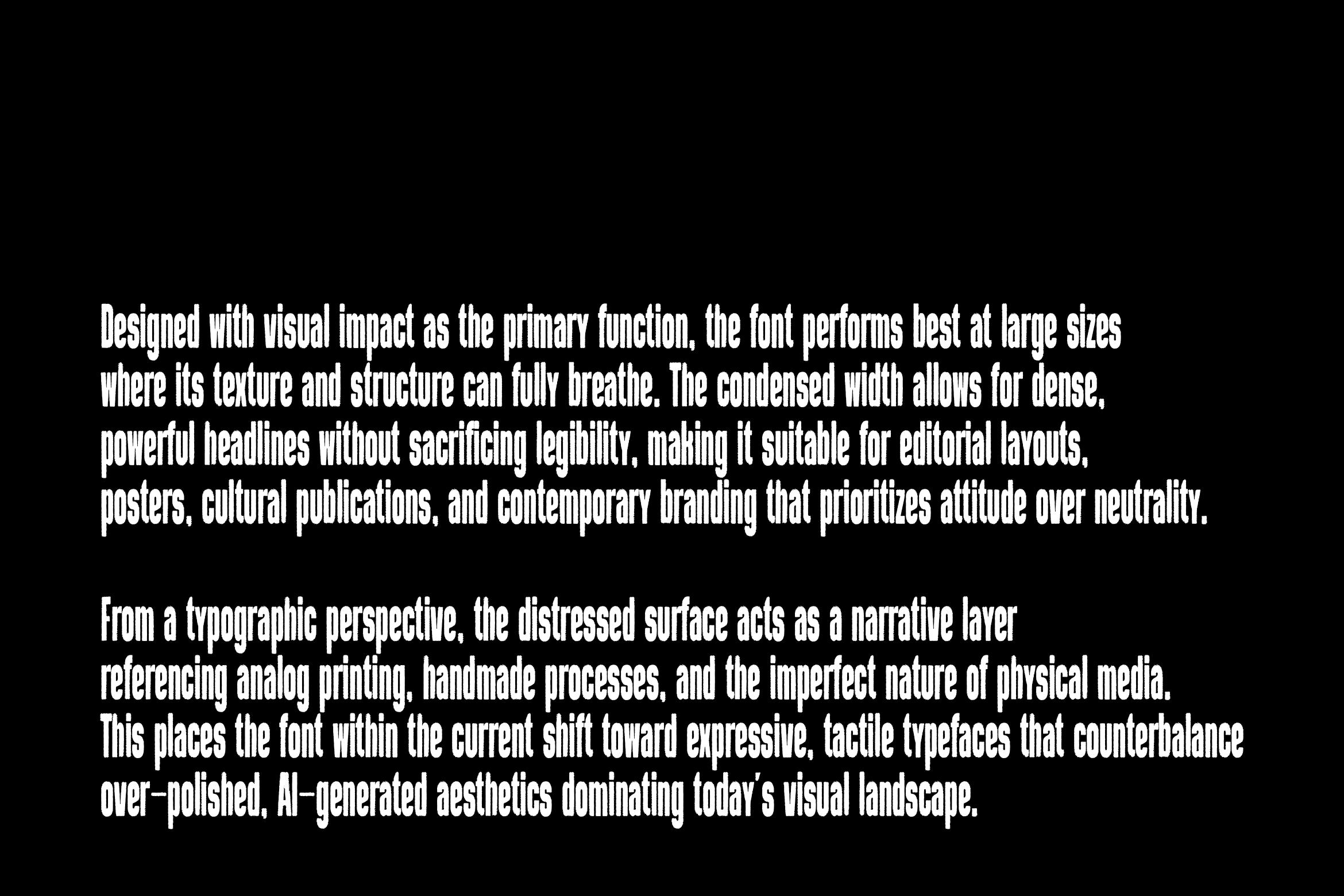 Long-form font description text displayed in white on solid black background