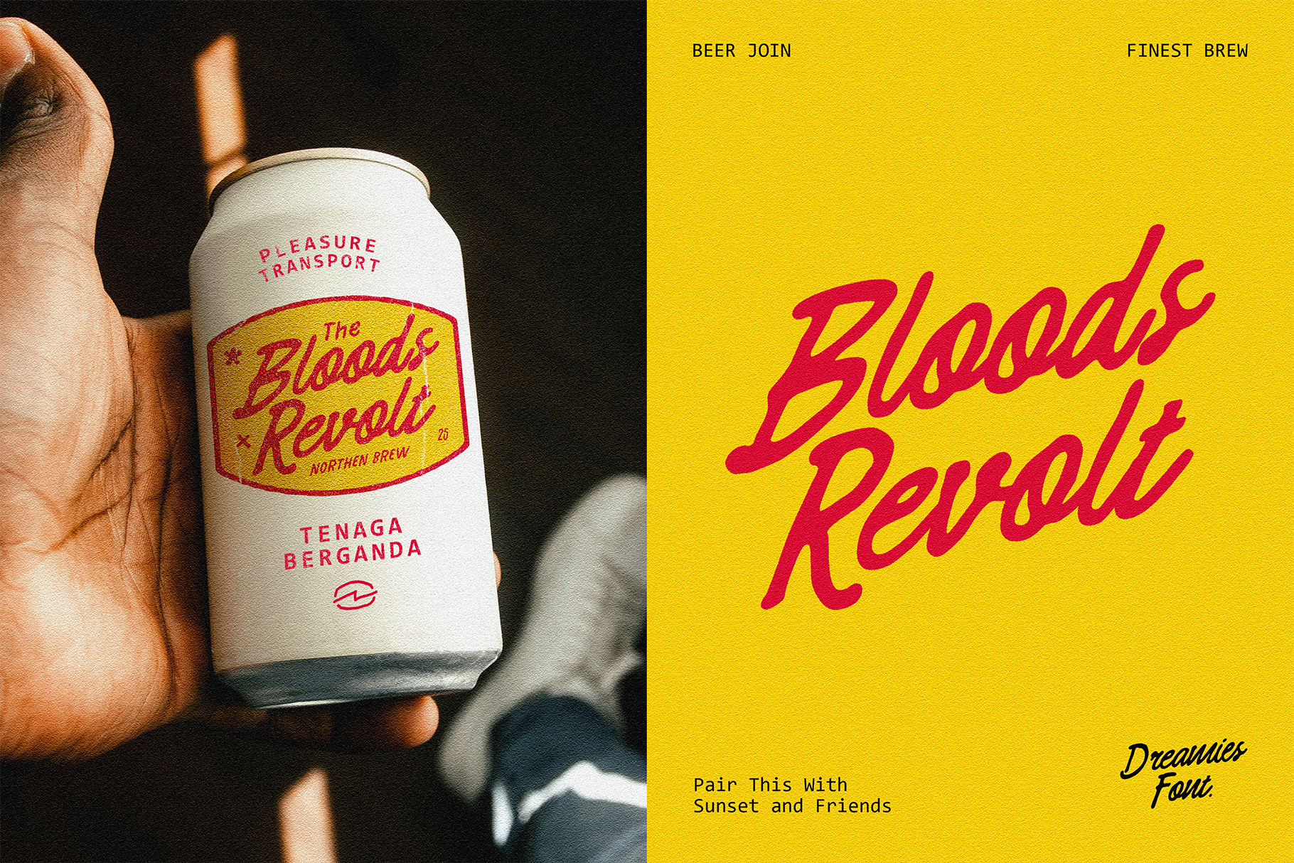A hand holds a can featuring Bloods Revolt design in vintage style. Bold script typography in red and yellow. Ideal for drink packaging mockups.