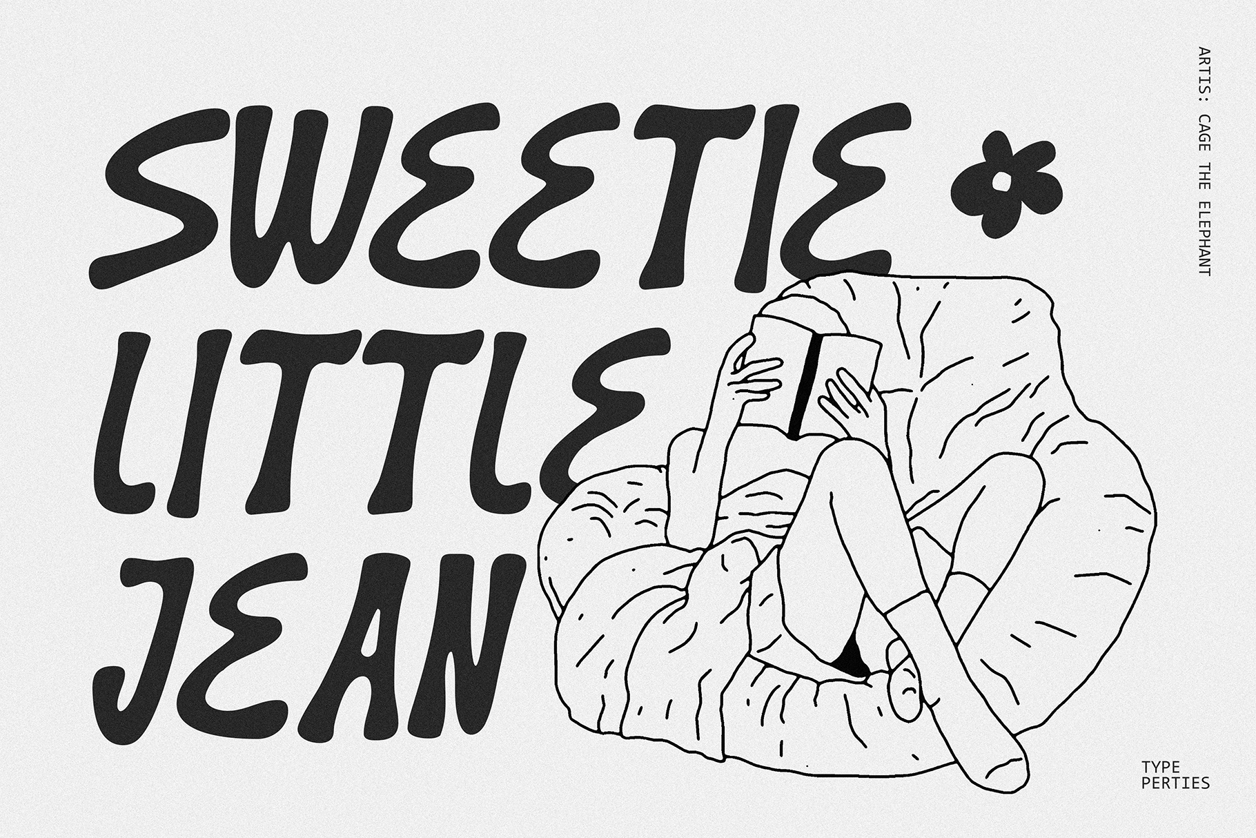 Illustration of seated figure with bold text sweetie little jean, small flower doodle above