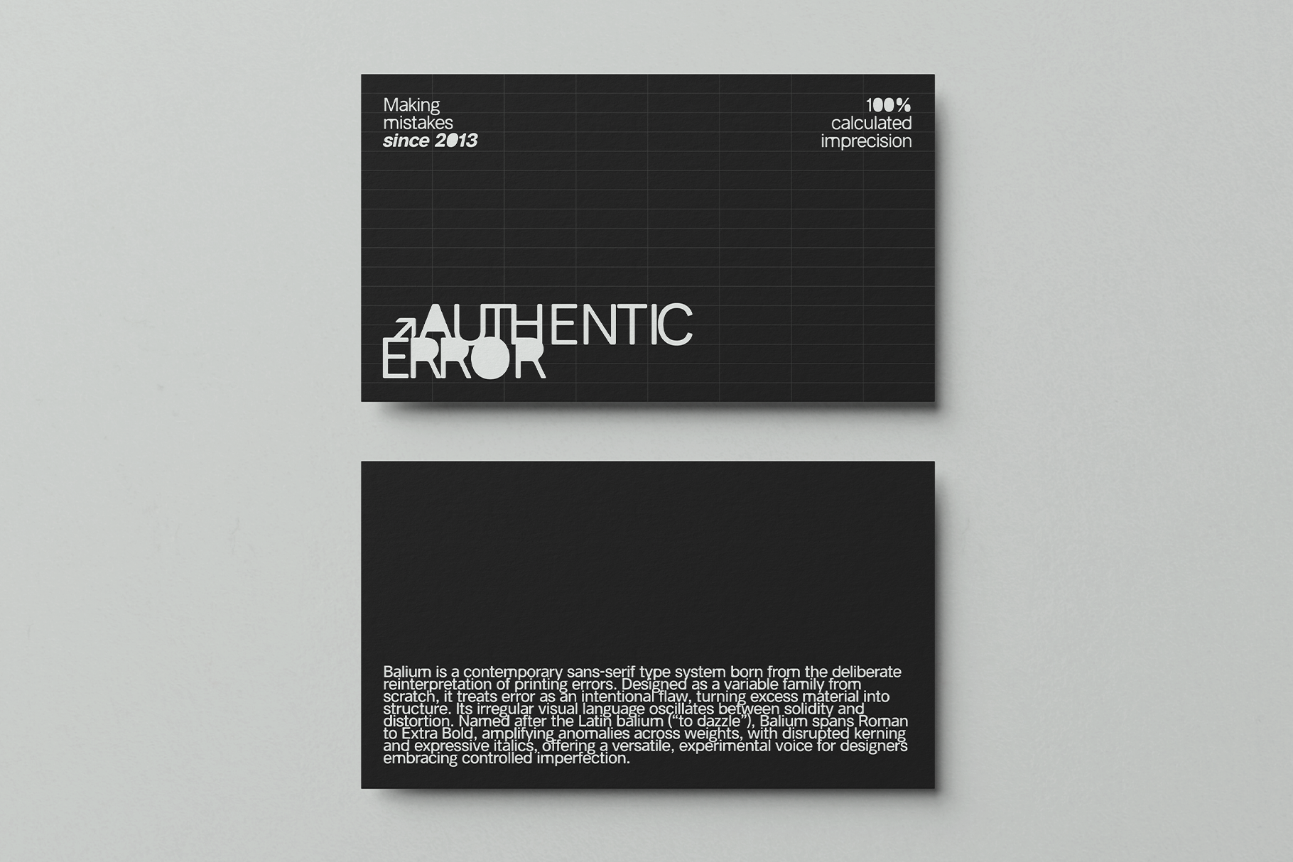 Dark mockup cards showing Authentic Error typeface with grid overlay