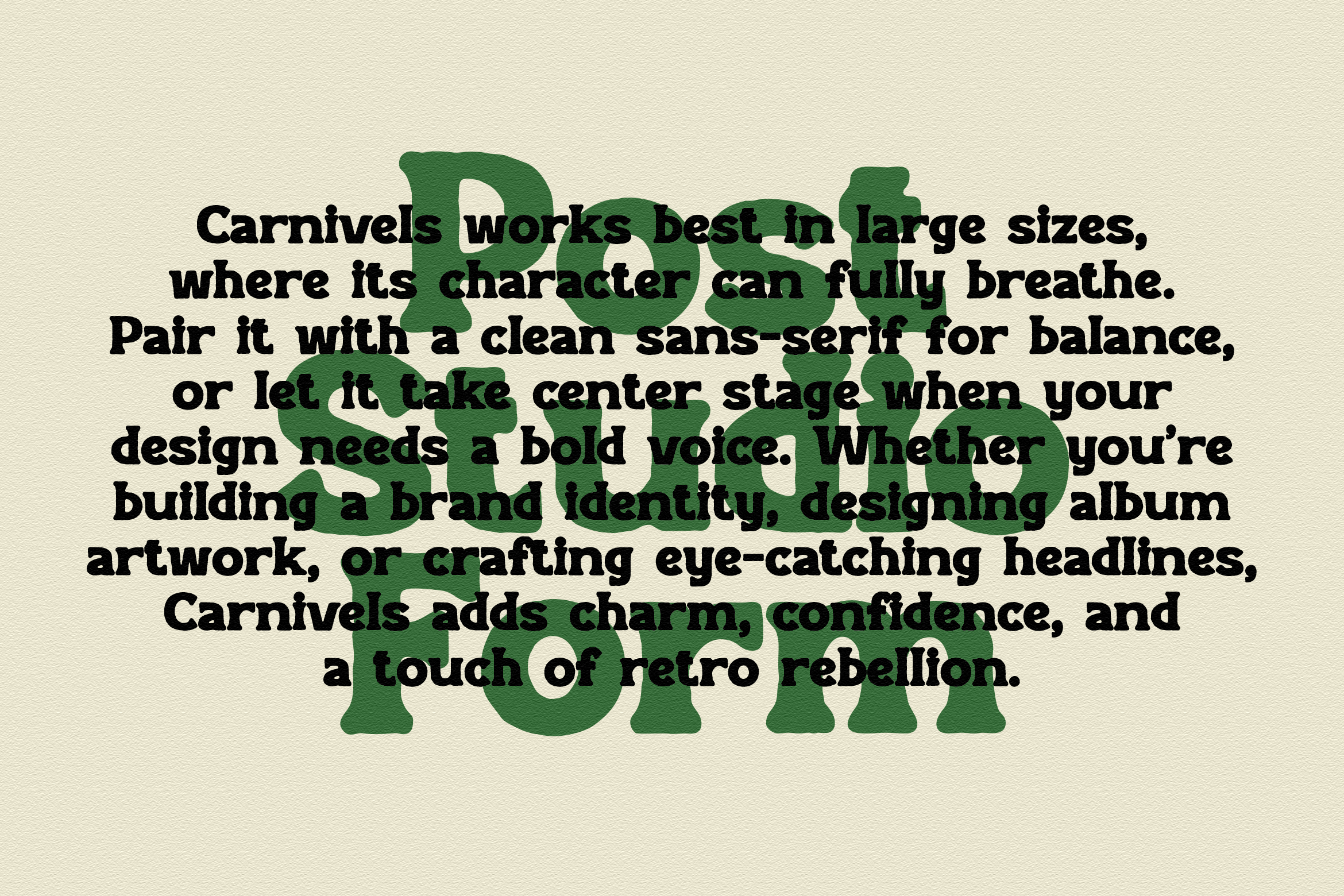 Cream background with large green overlapping letters showing Carnivals font description