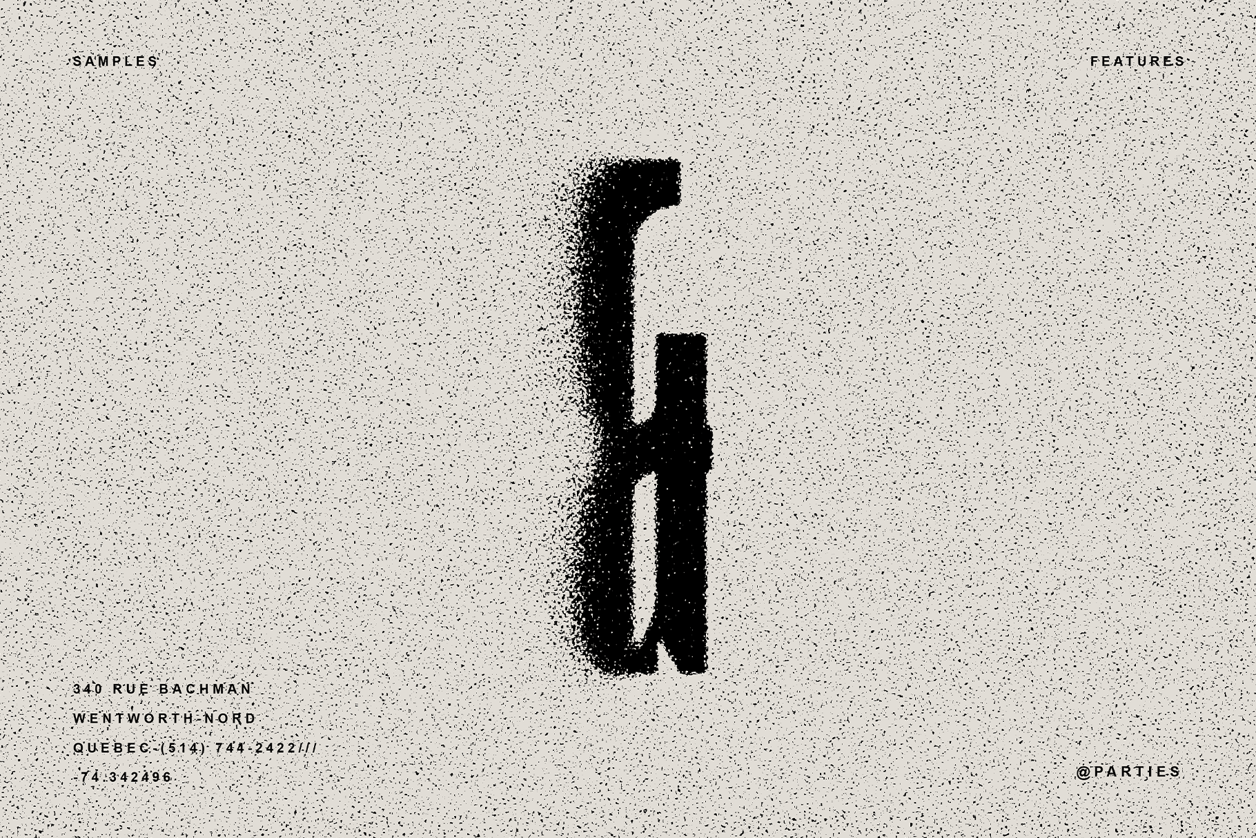 Particle effect letter L with vintage contact info layout on speckled paper