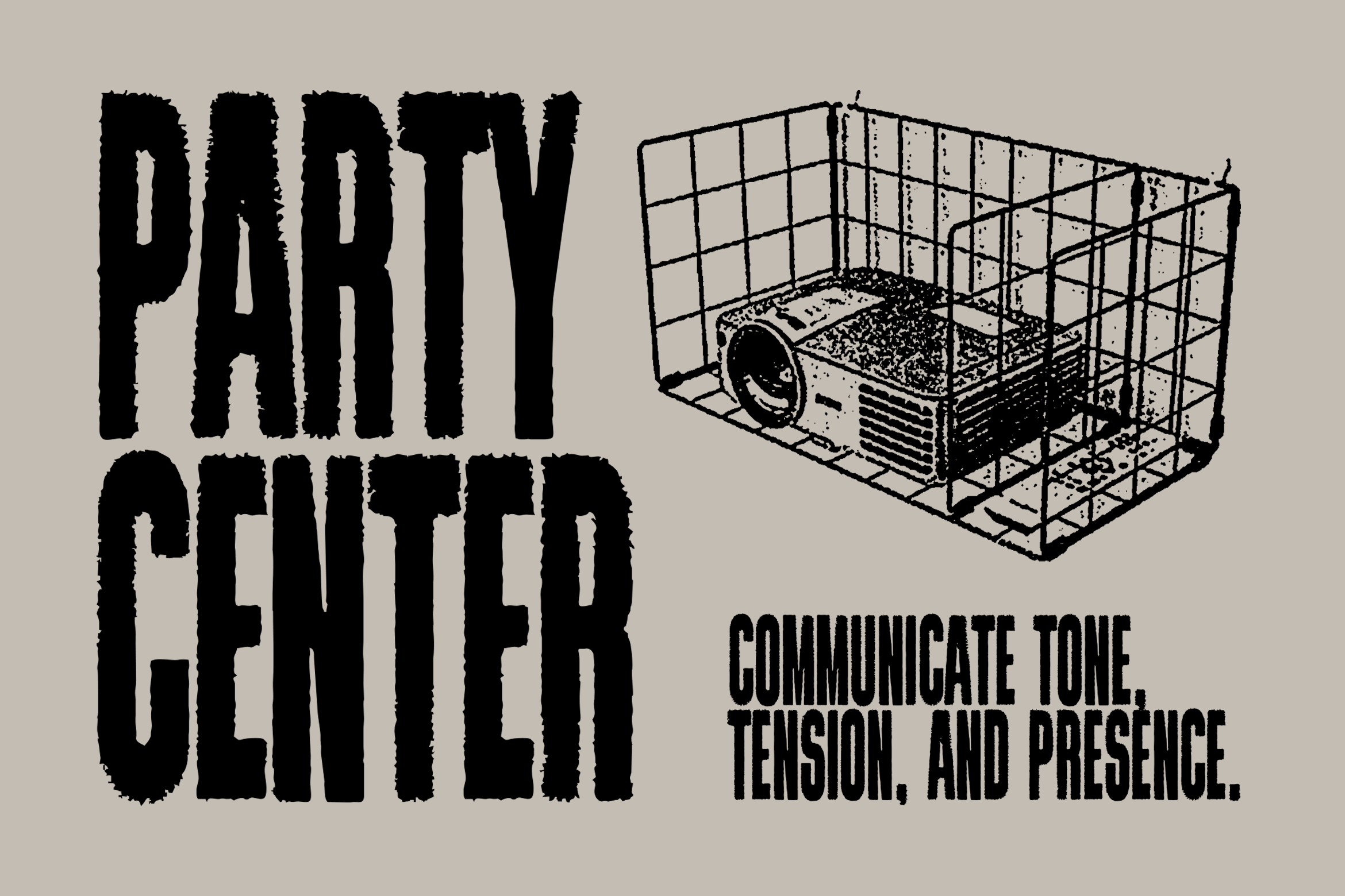 Distressed black text layout next to caged projector illustration on beige