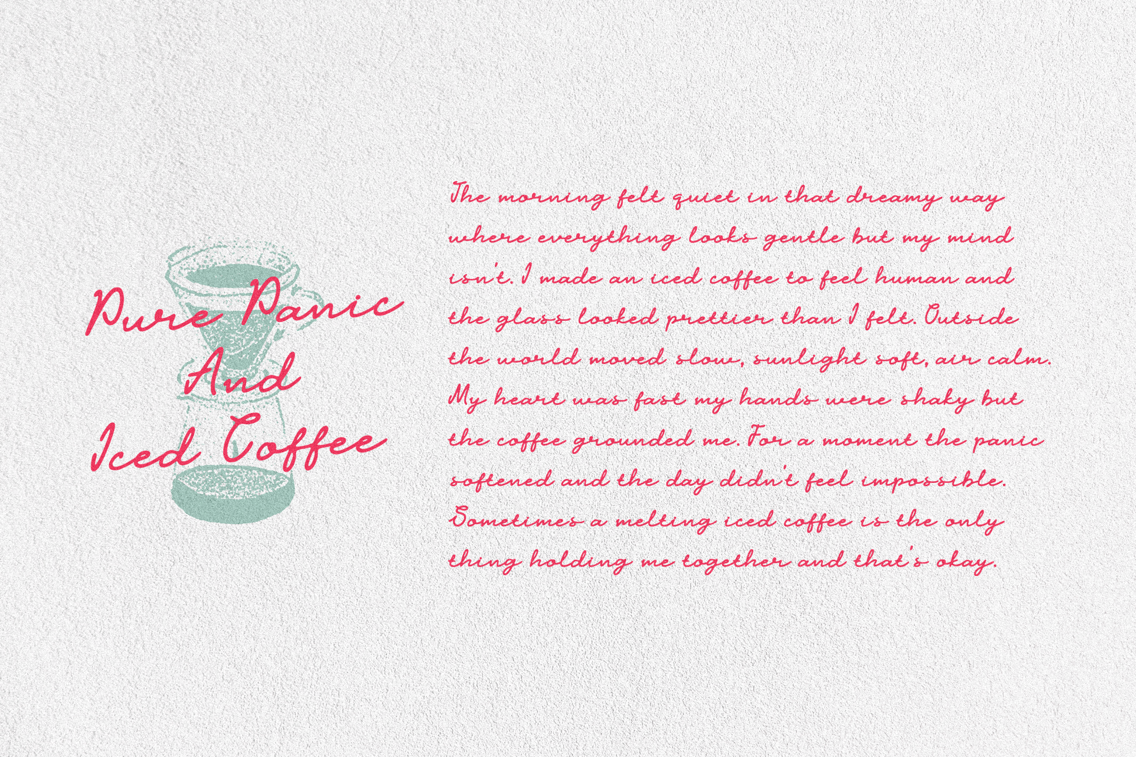 Creative text-based design with a textured background featuring the phrase Pure Panic And Iced Coffee in artistic font. Ideal for graphics projects.