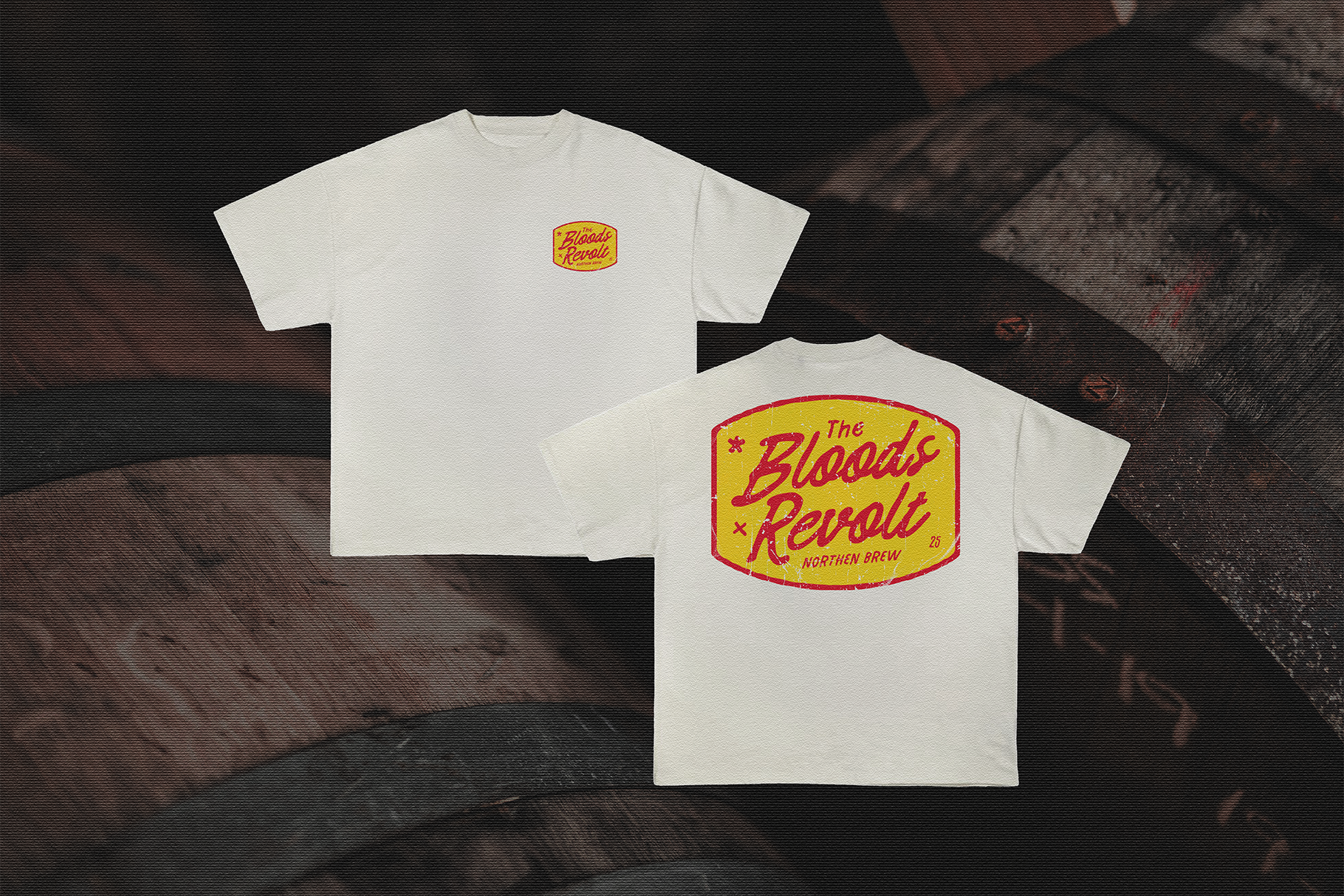 White T-shirt mockup with red and yellow vintage graphic text on front and back. Ideal for designers seeking apparel design templates for branding.