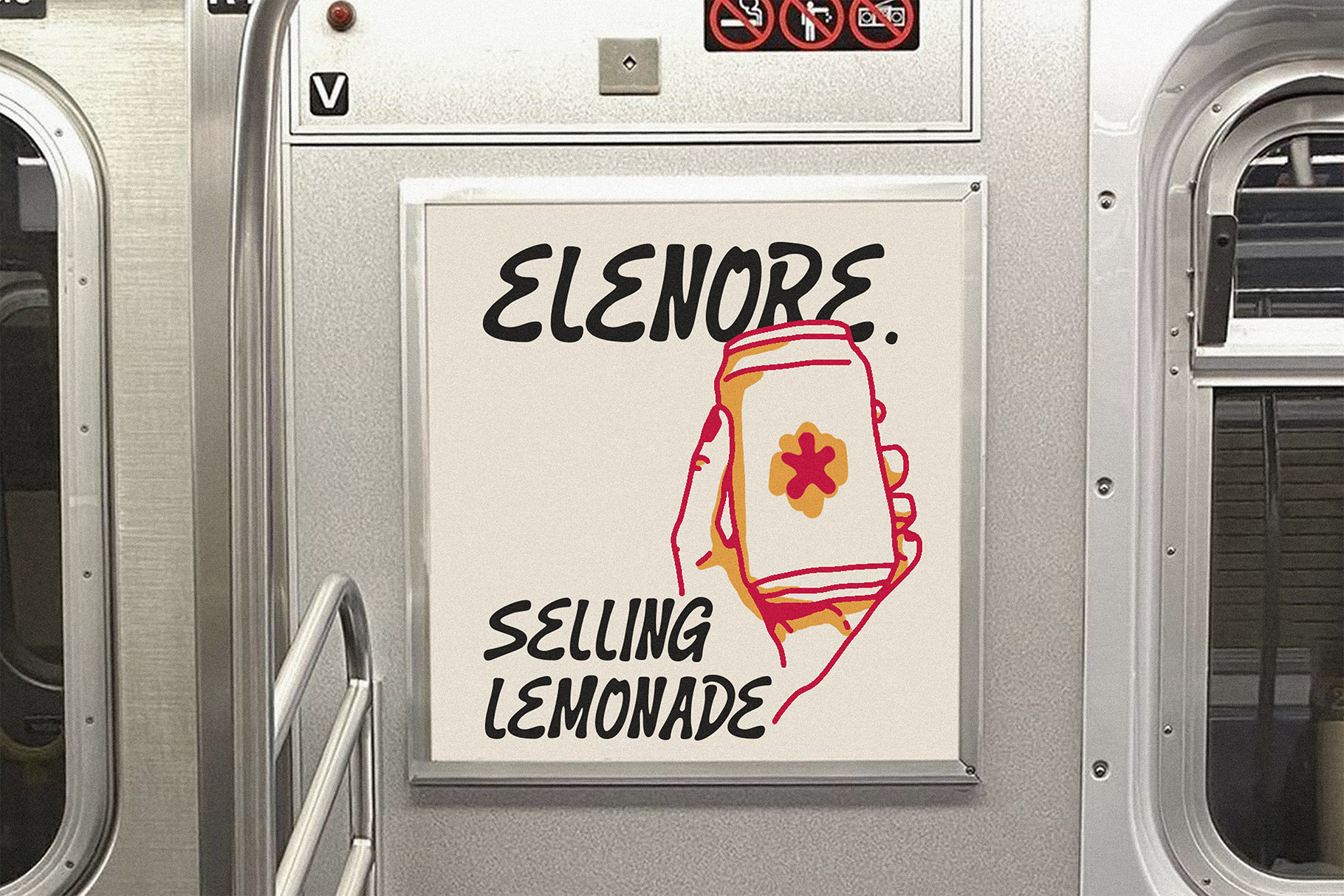 Subway car ad poster with hand-drawn lemonade pitcher, text reads Elenore selling lemonade