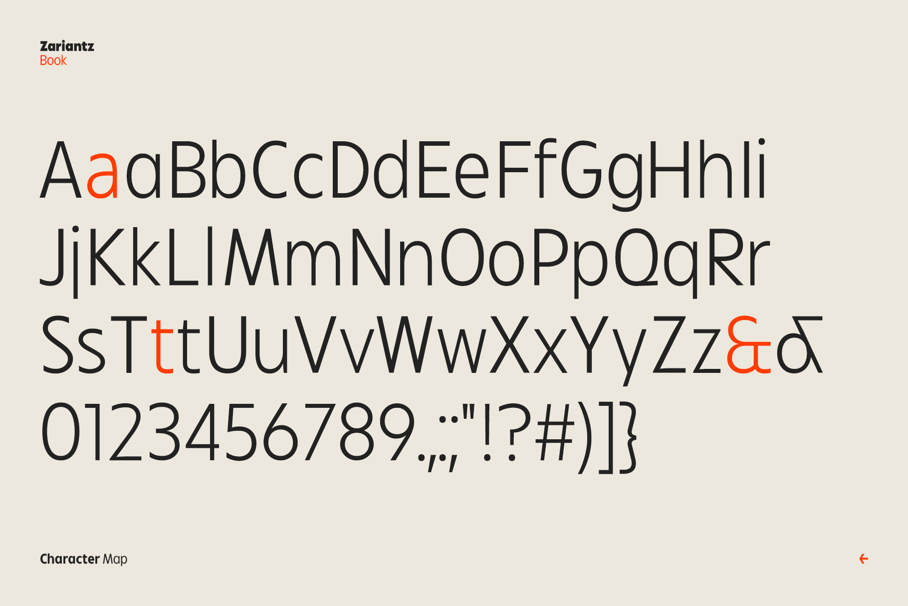 Zariantz Book font character map showing uppercase, lowercase, numbers, punctuation