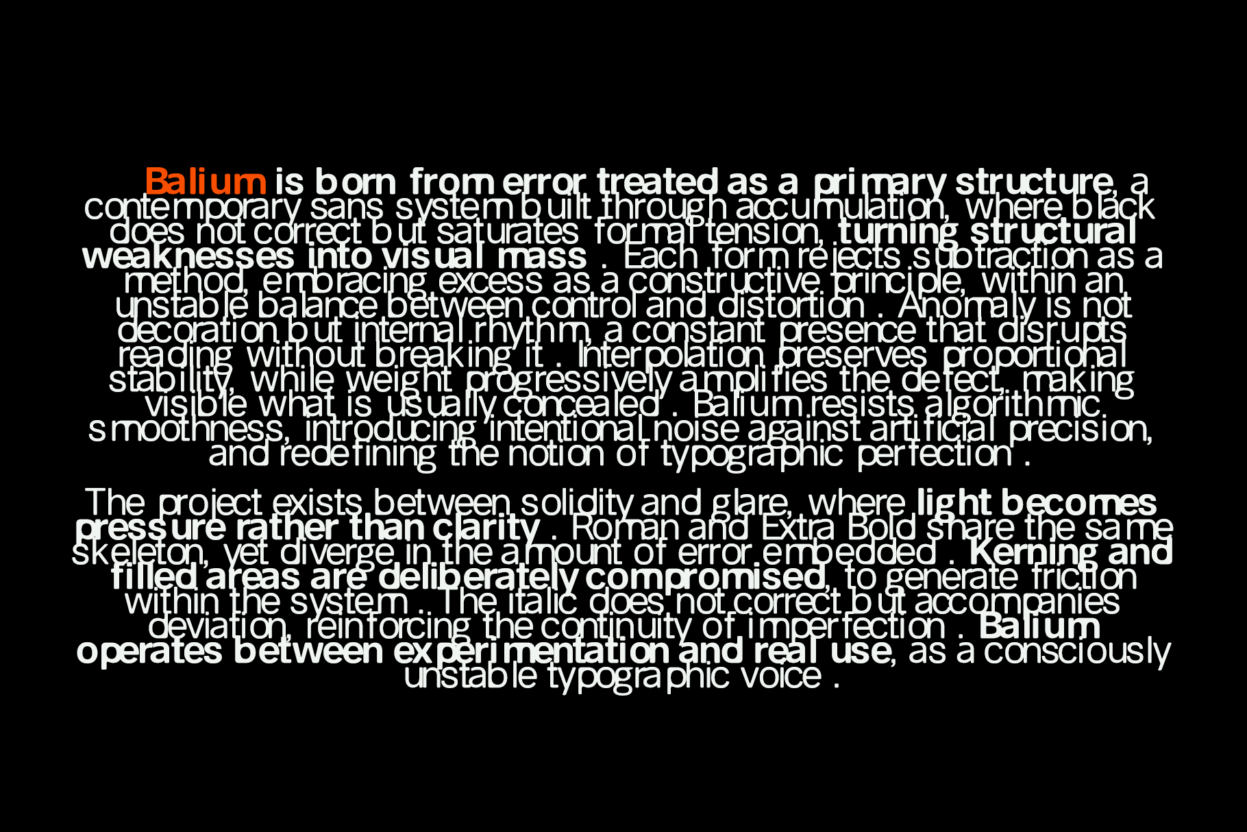 Dense paragraph of white text on black background describing Balium typeface philosophy, error structure concept