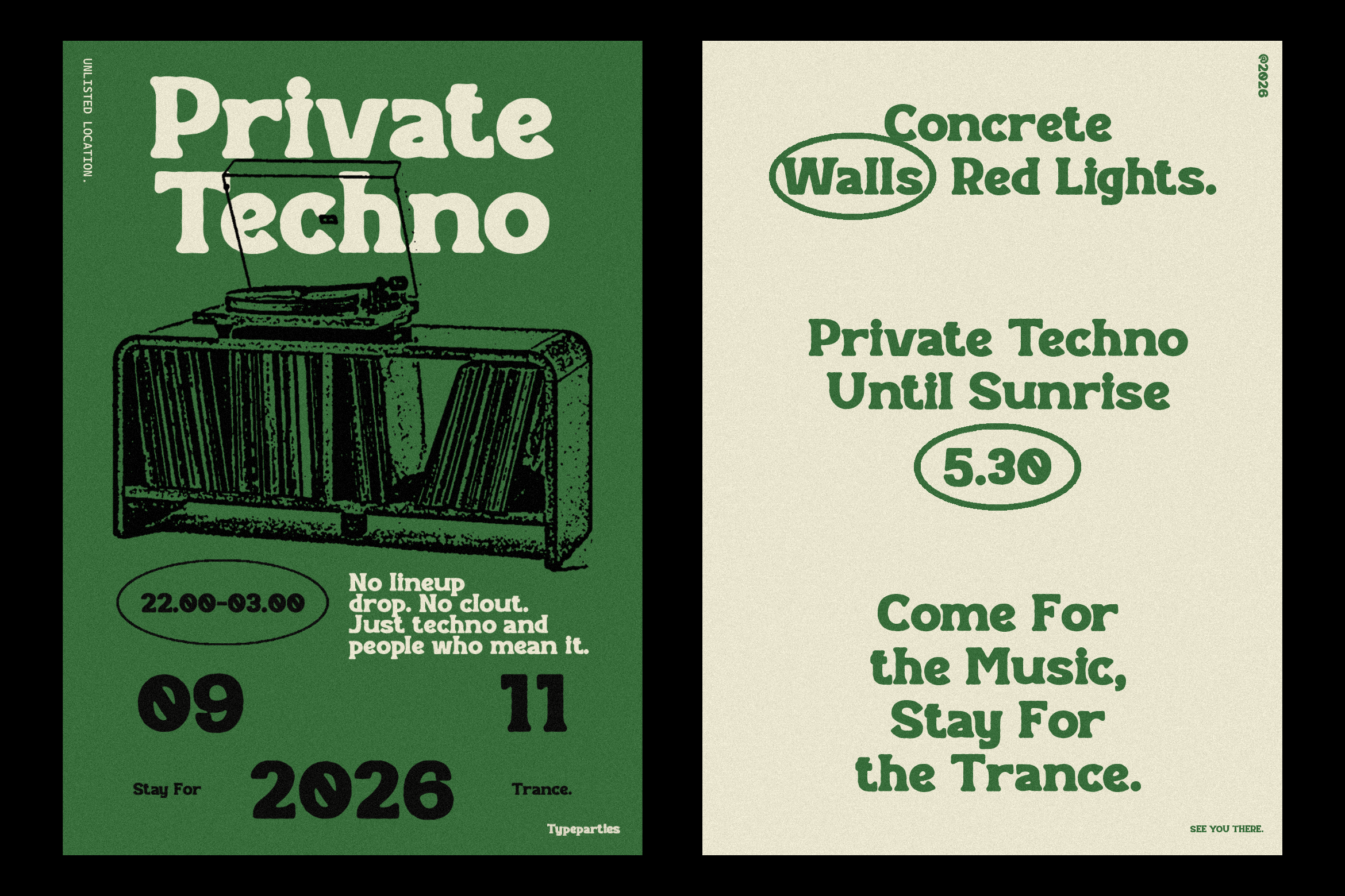 Green poster with turntable, cream flyer about private techno party until sunrise