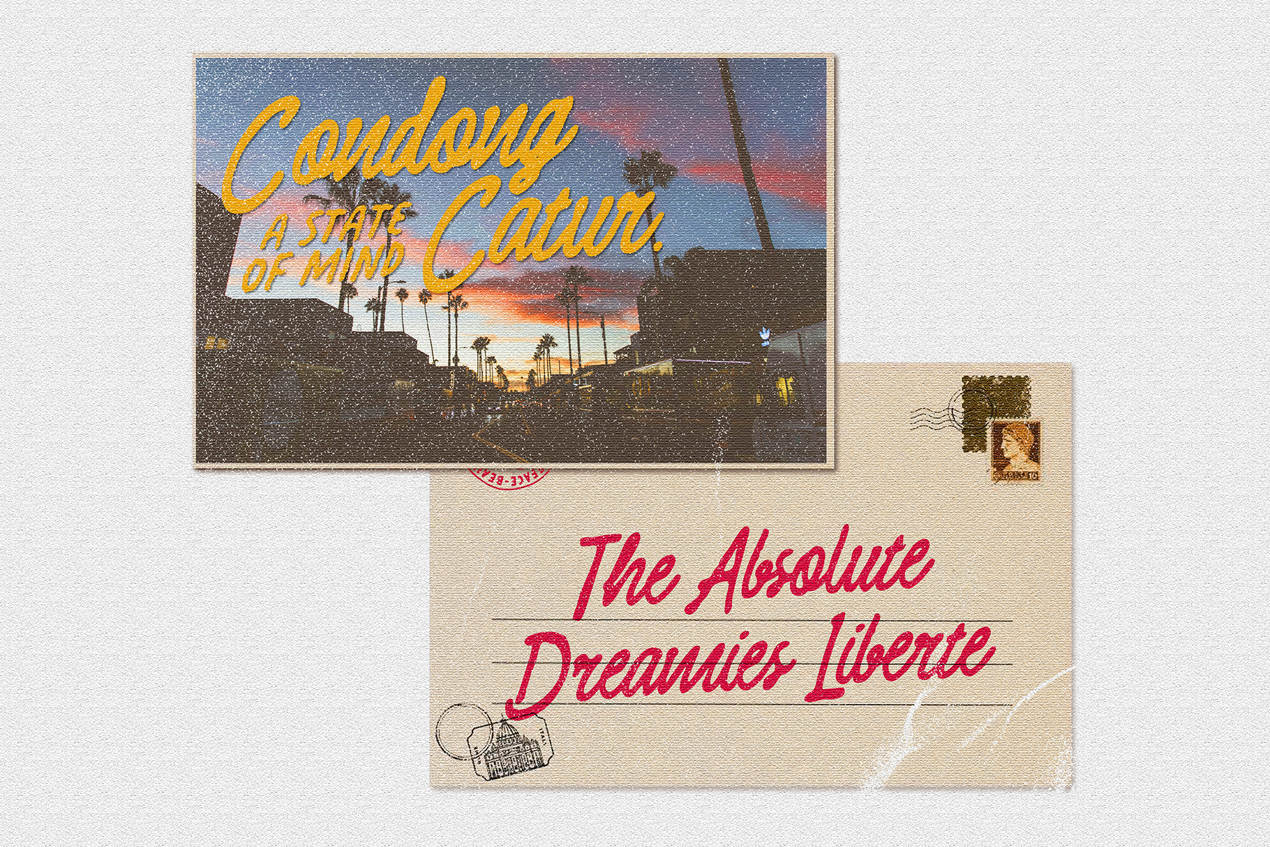 Vintage postcard design with sunset and palm trees, featuring handwritten typography. Ideal for graphics, mockup templates, travel themes for designers.