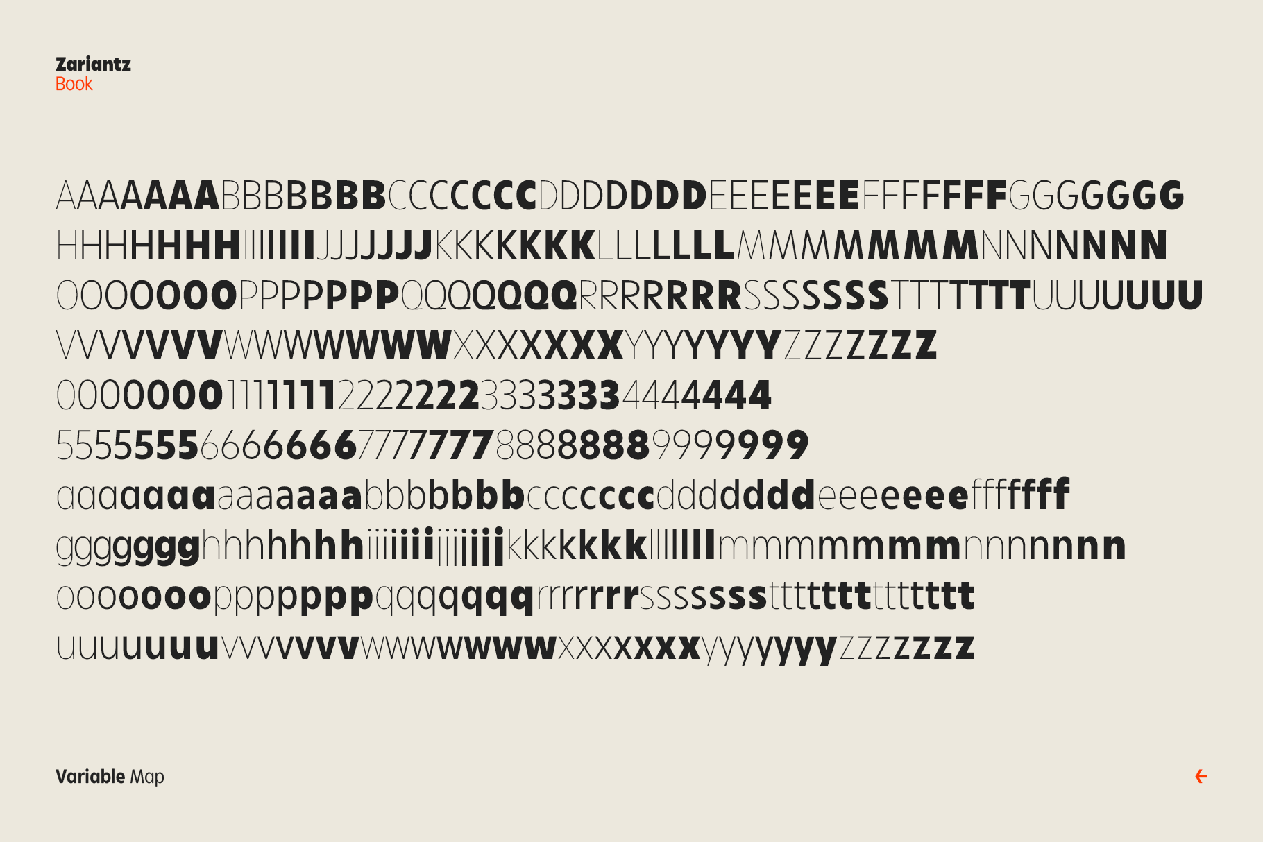 Variable font character map grid of all letters numbers symbols across weights