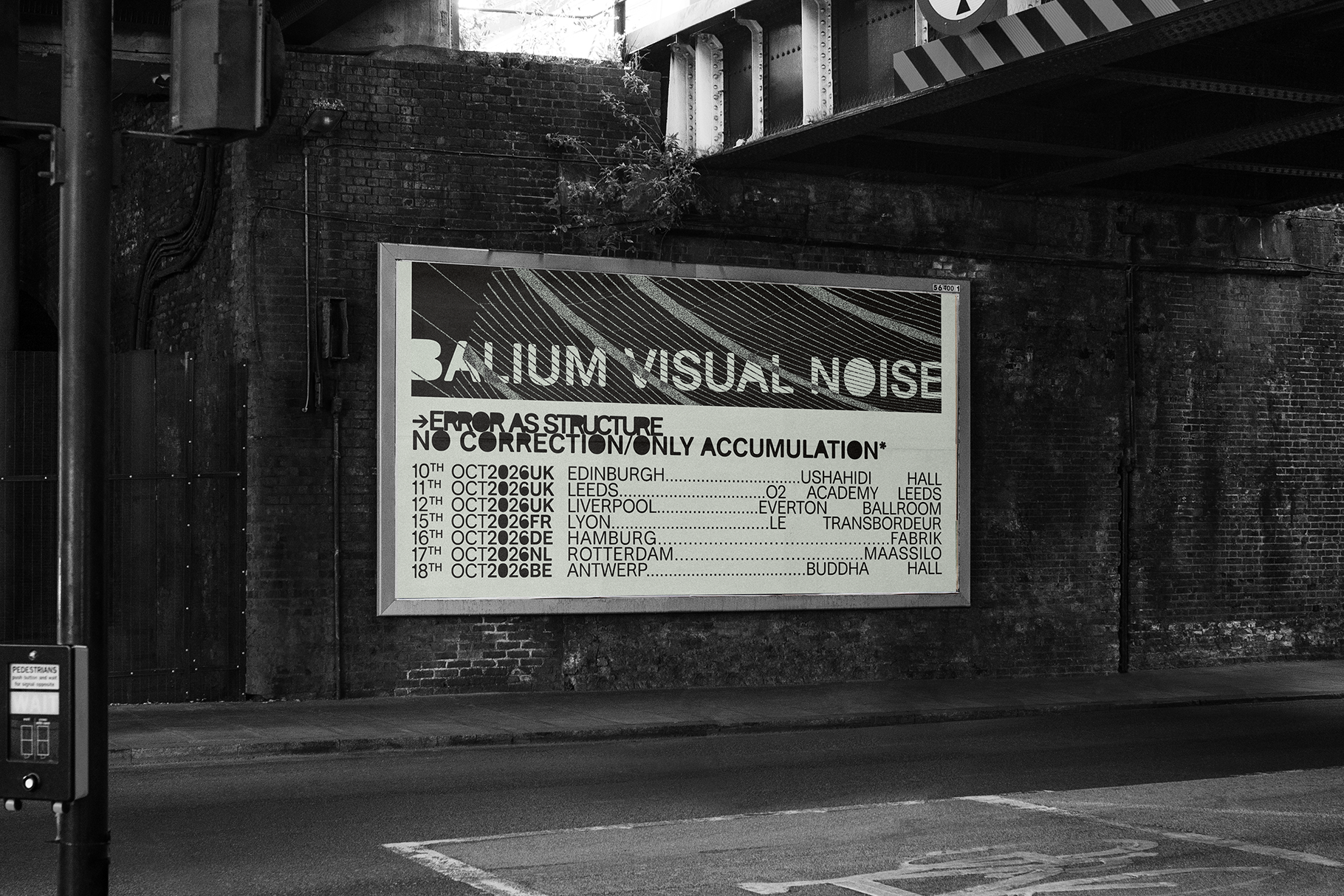 Street billboard mockup showing Balium Visual Noise tour information with European venue dates