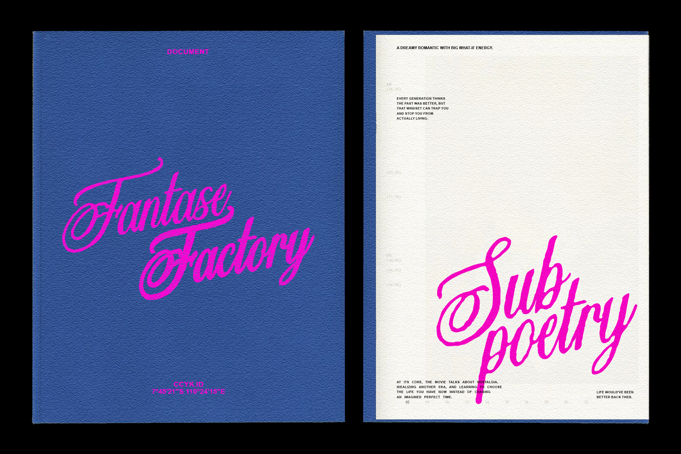 Blue cover and white page featuring elegant script fonts in bright pink text. Ideal for designers seeking bold typography inspiration. Graphics asset.