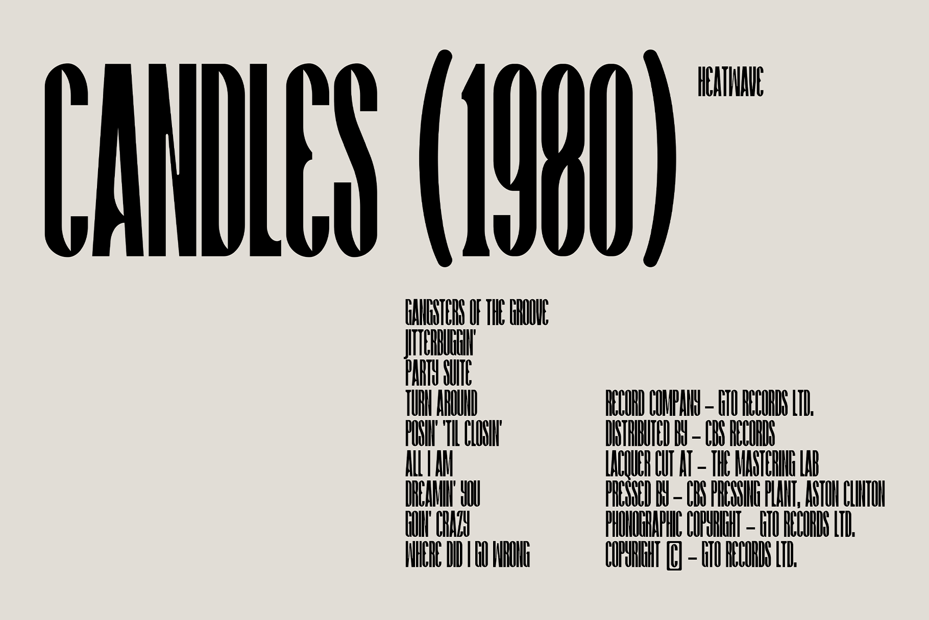 Candies 1980 vinyl album cover with tracklist credits on beige background