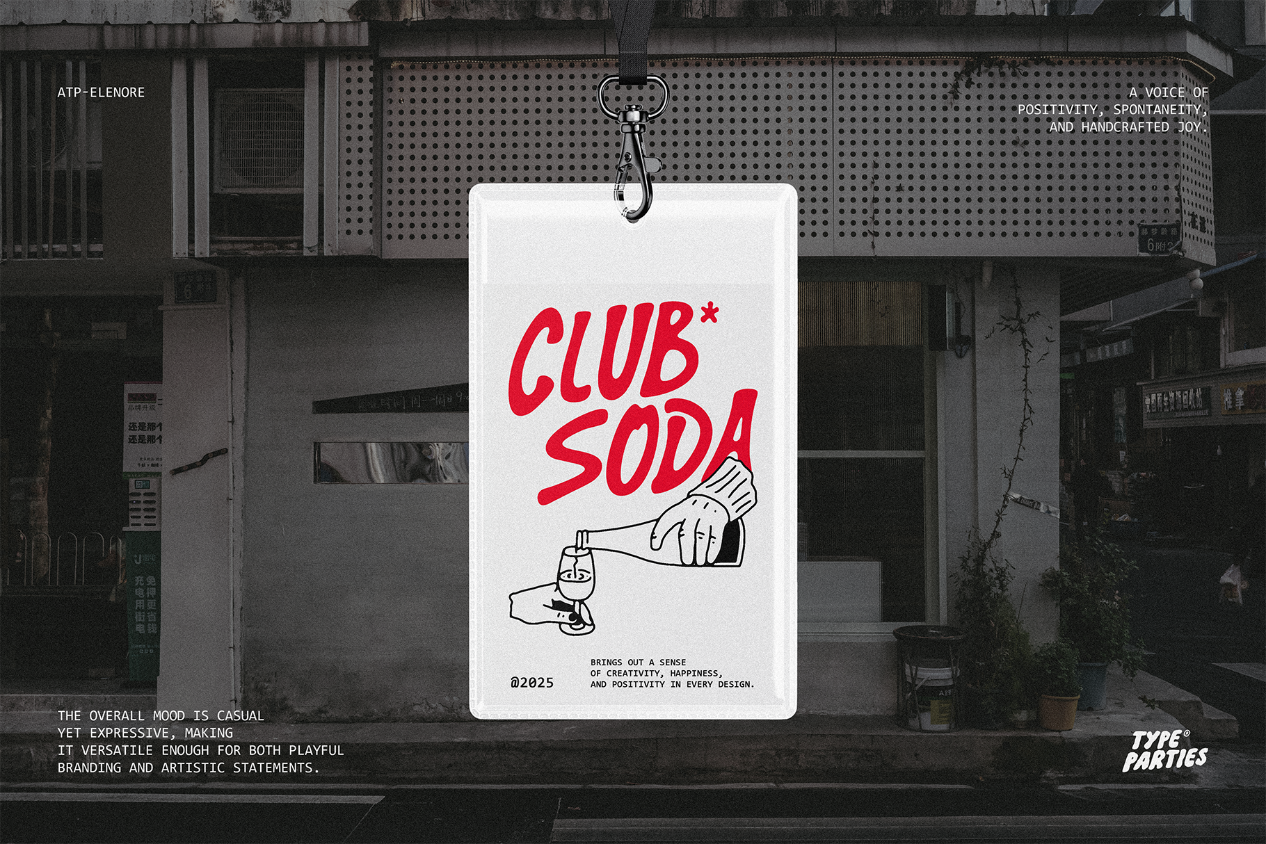 Club Soda badge mockup with bold red text and hand illustration on urban background; ideal for playful branding templates and graphic design assets.