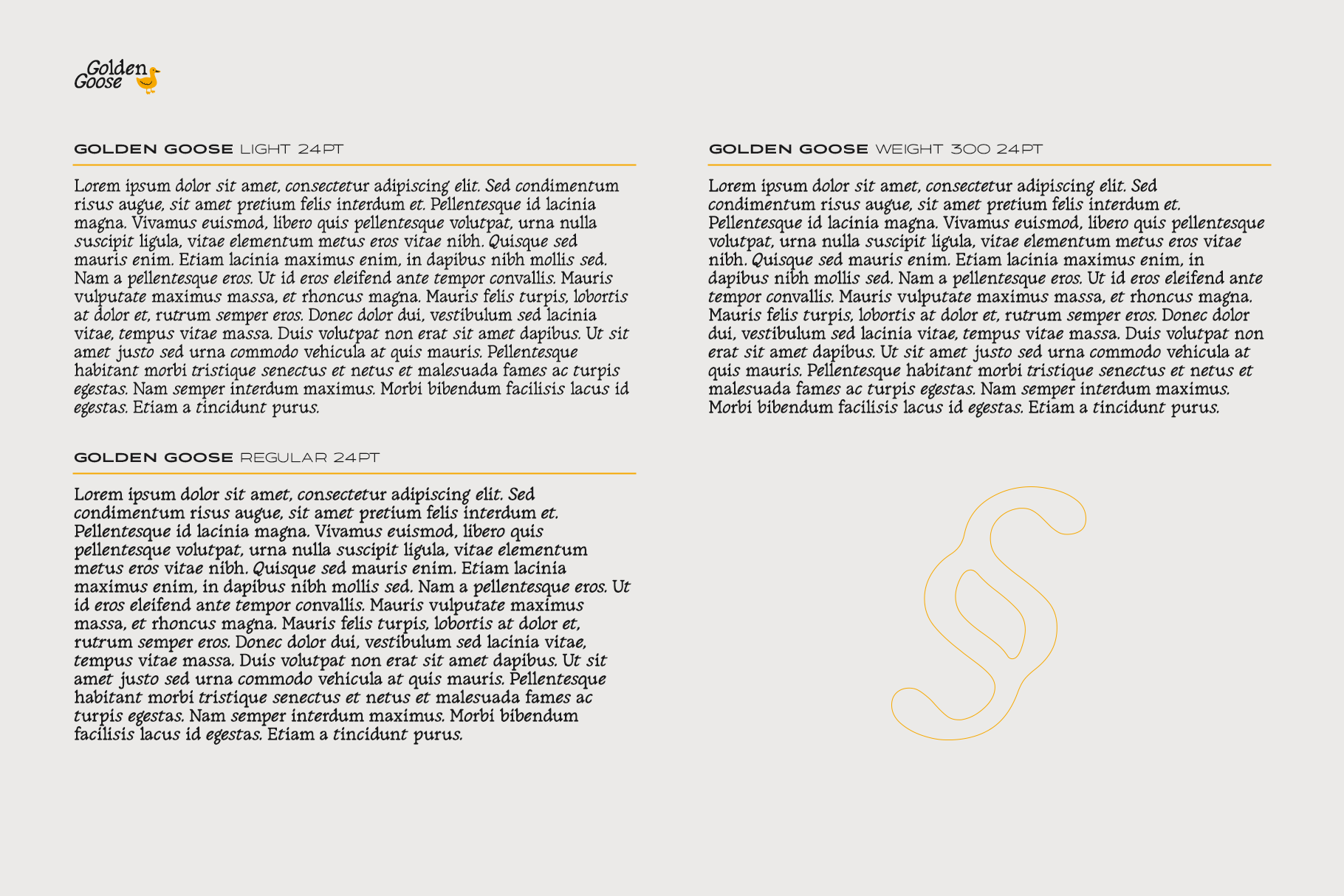 Golden Goose font family specimen with light regular weight 300 weight samples