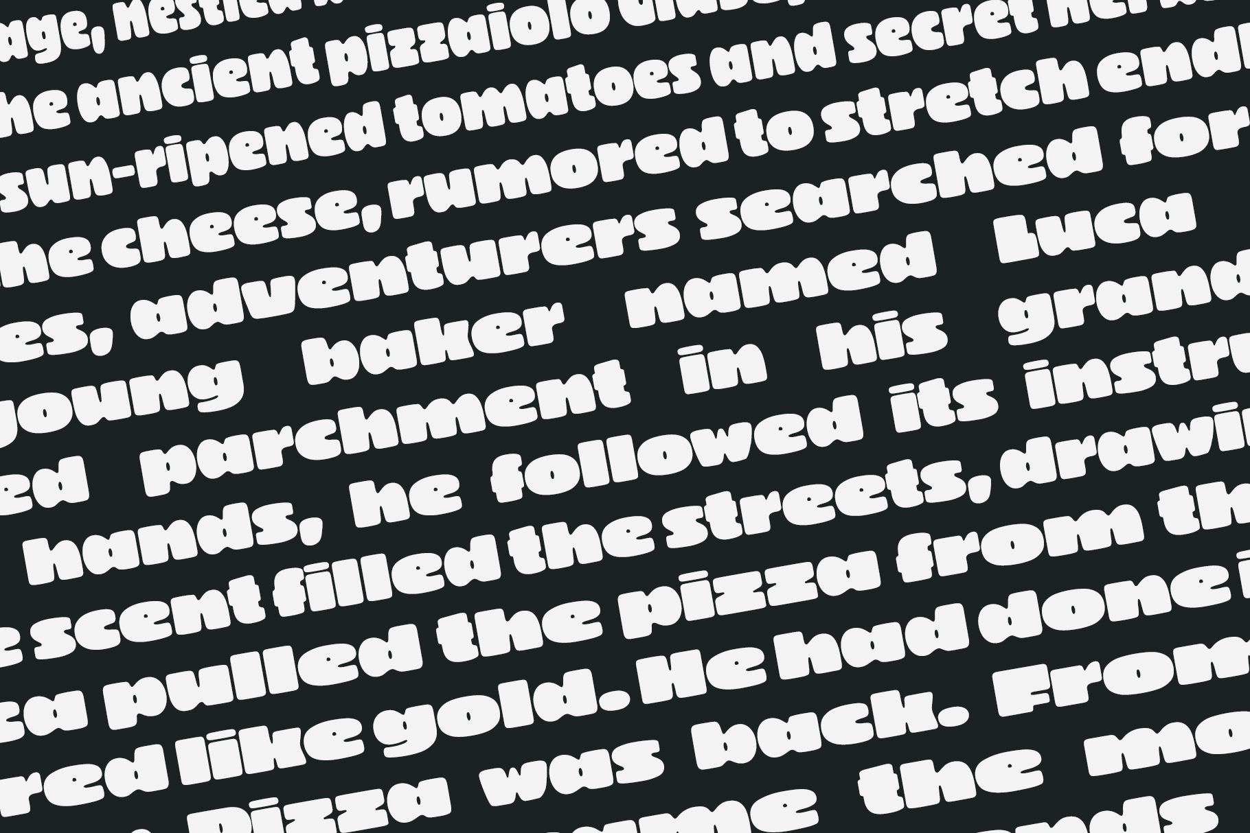 White text diagonal across dark background, overlapping paragraph layout