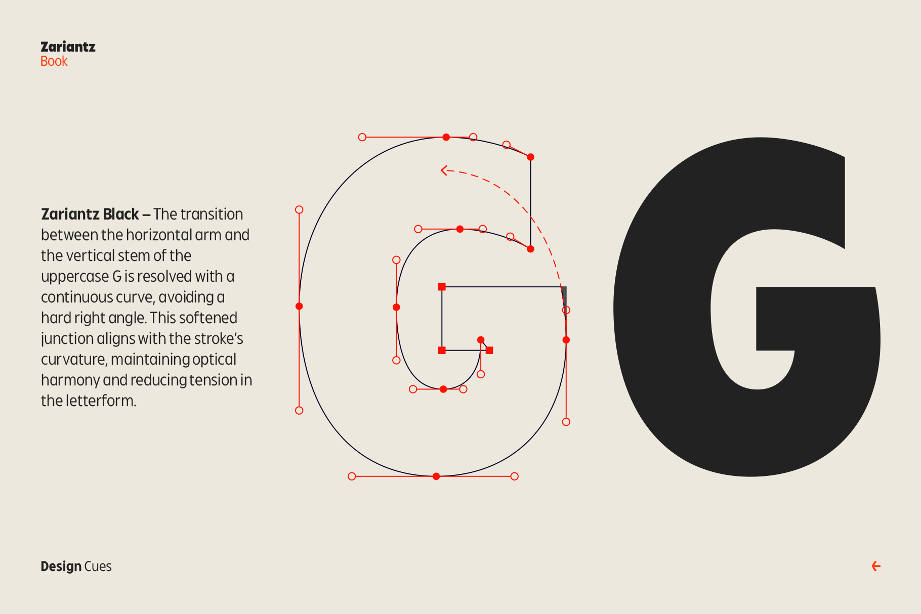 Zariantz Black uppercase G with construction guides showing kerning points