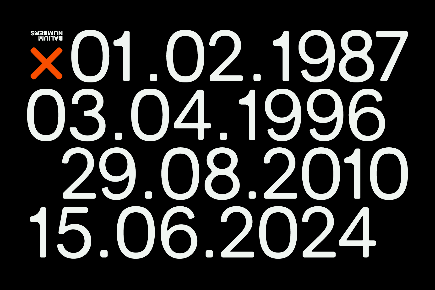Black background showing tour dates with orange X mark, spanning 1987 to 2024 across multiple rows