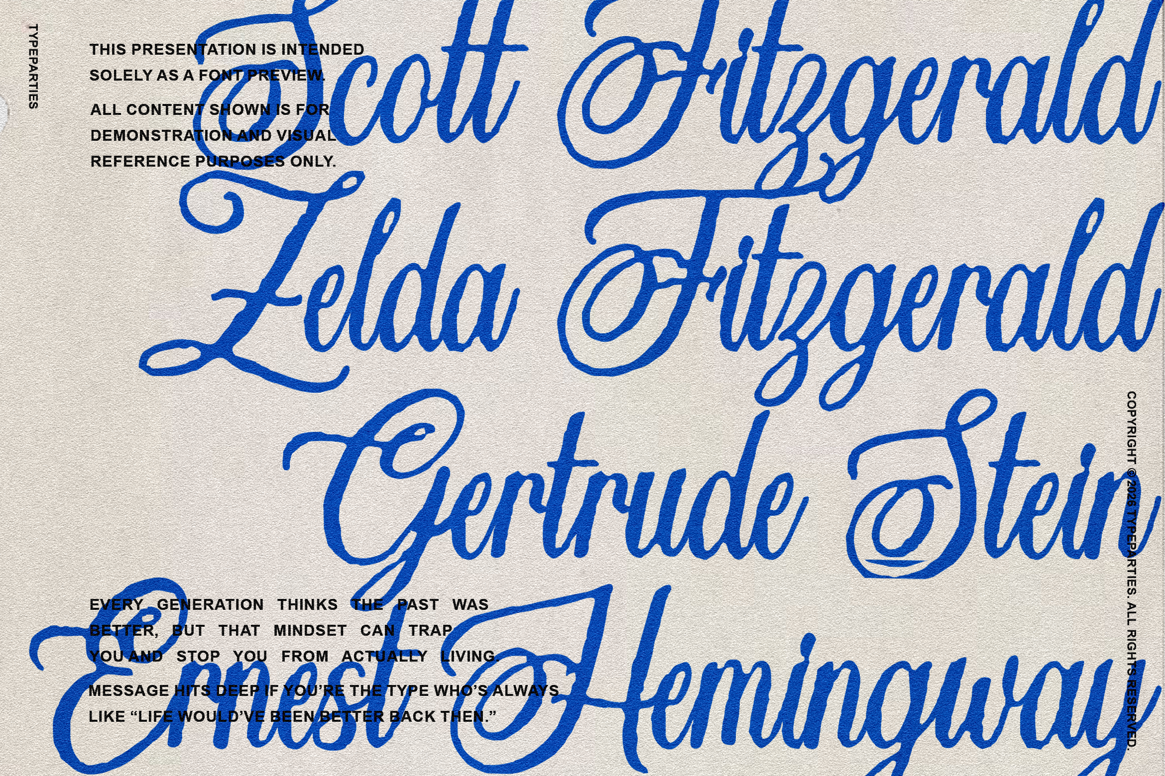 Handwritten script font sample featuring names like Scott Fitzgerald Zelda Fitzgerald. Suitable for designers seeking elegant fonts for creative projects.
