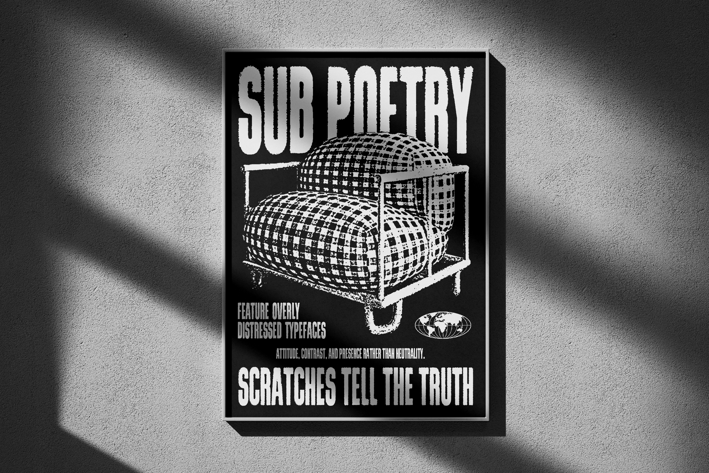 Black and white poster with distressed typeface featuring Sub Poetry text and graphic of a checkered cushion on a bed frame. Ideal for design templates.