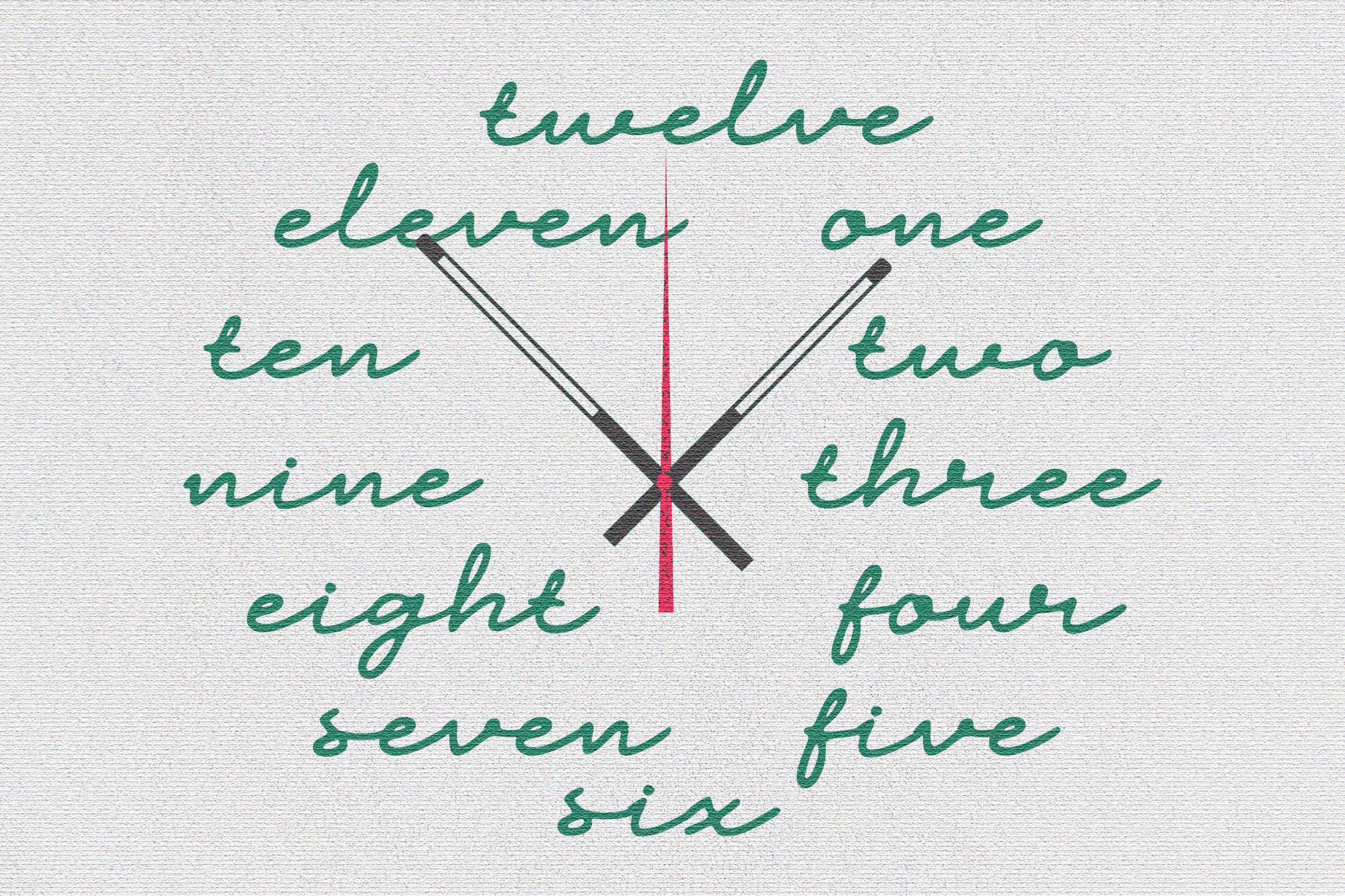 Clock face design with handwritten numerals in green on textured background; perfect for templates, graphics, mockups, and designer resources