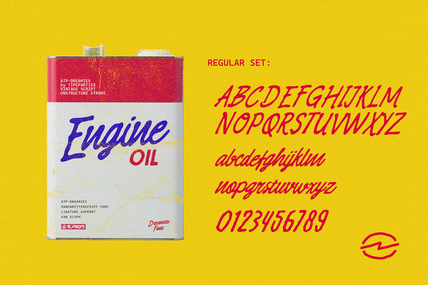 Vintage oil can graphic with classic script font showcasing uppercase, lowercase letters, and numbers. Ideal for retro designers seeking unique typography assets.