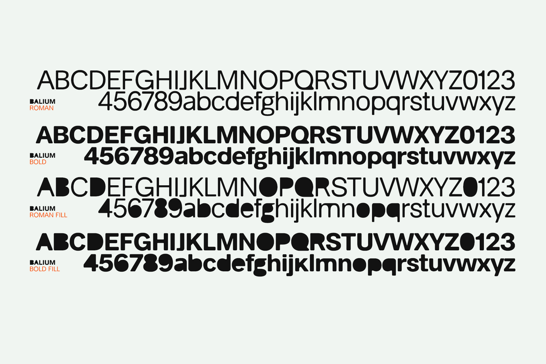 Balium Roman Bold typeface displaying full alphabet, numerals 0-9 with multiple style variations
