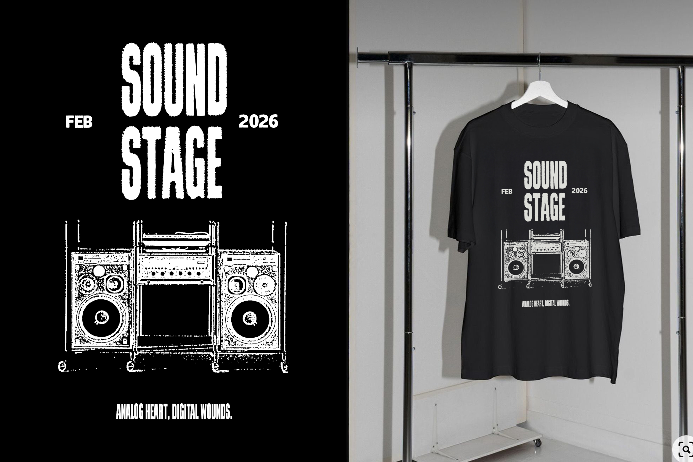 Sound Stage event poster on tee mockup with boombox graphic, February 2026 date