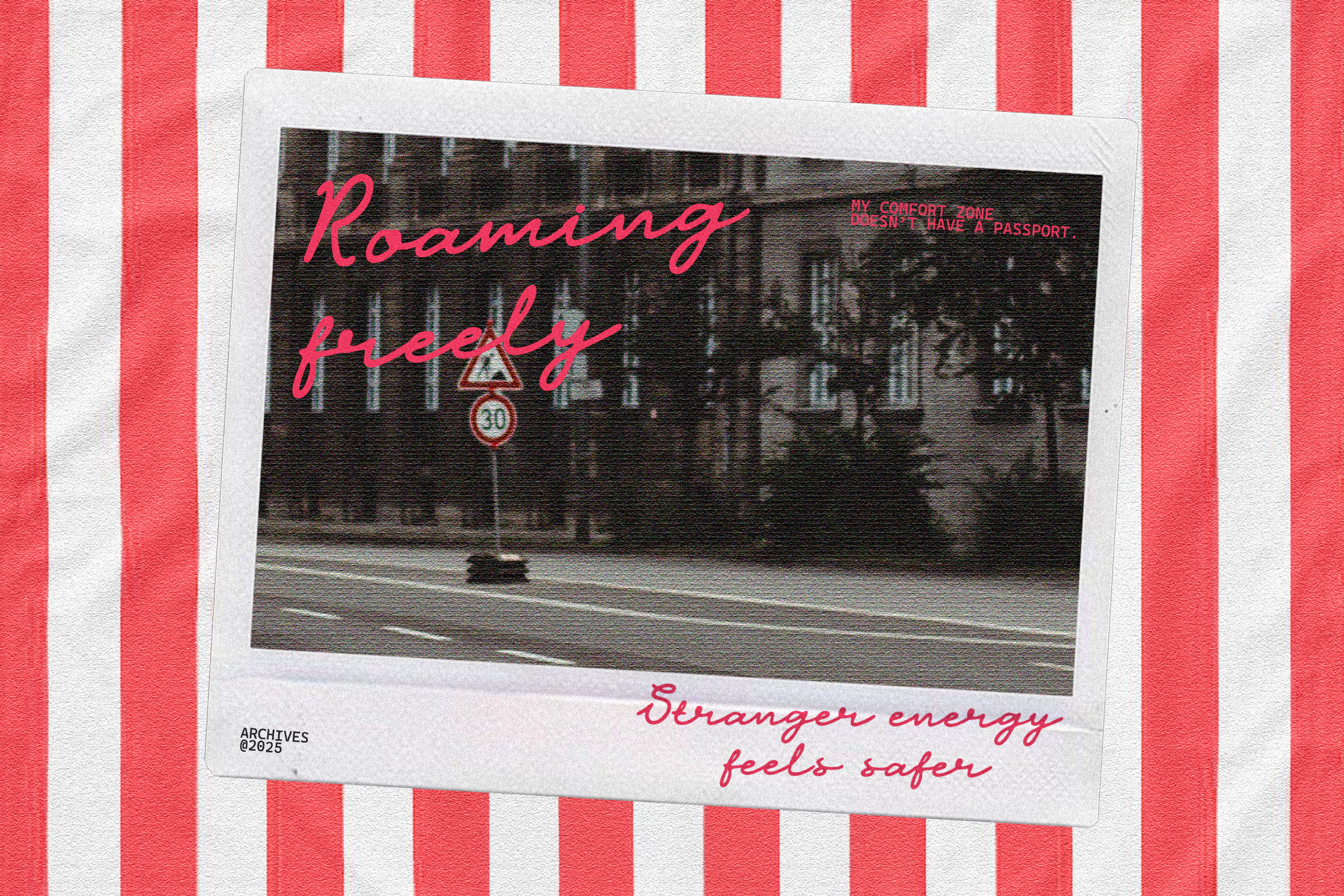 Retro-themed graphic with text Roaming freely over a city street view; ideal for designers seeking unique visuals; keywords: graphics, design asset, retro.