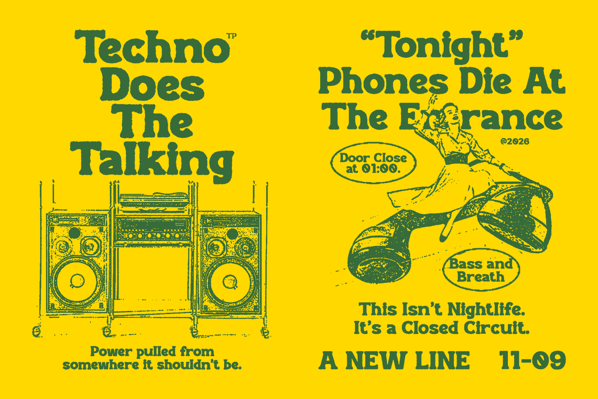 Yellow retro concert poster with speaker stacks, wavy text layout for nightlife event