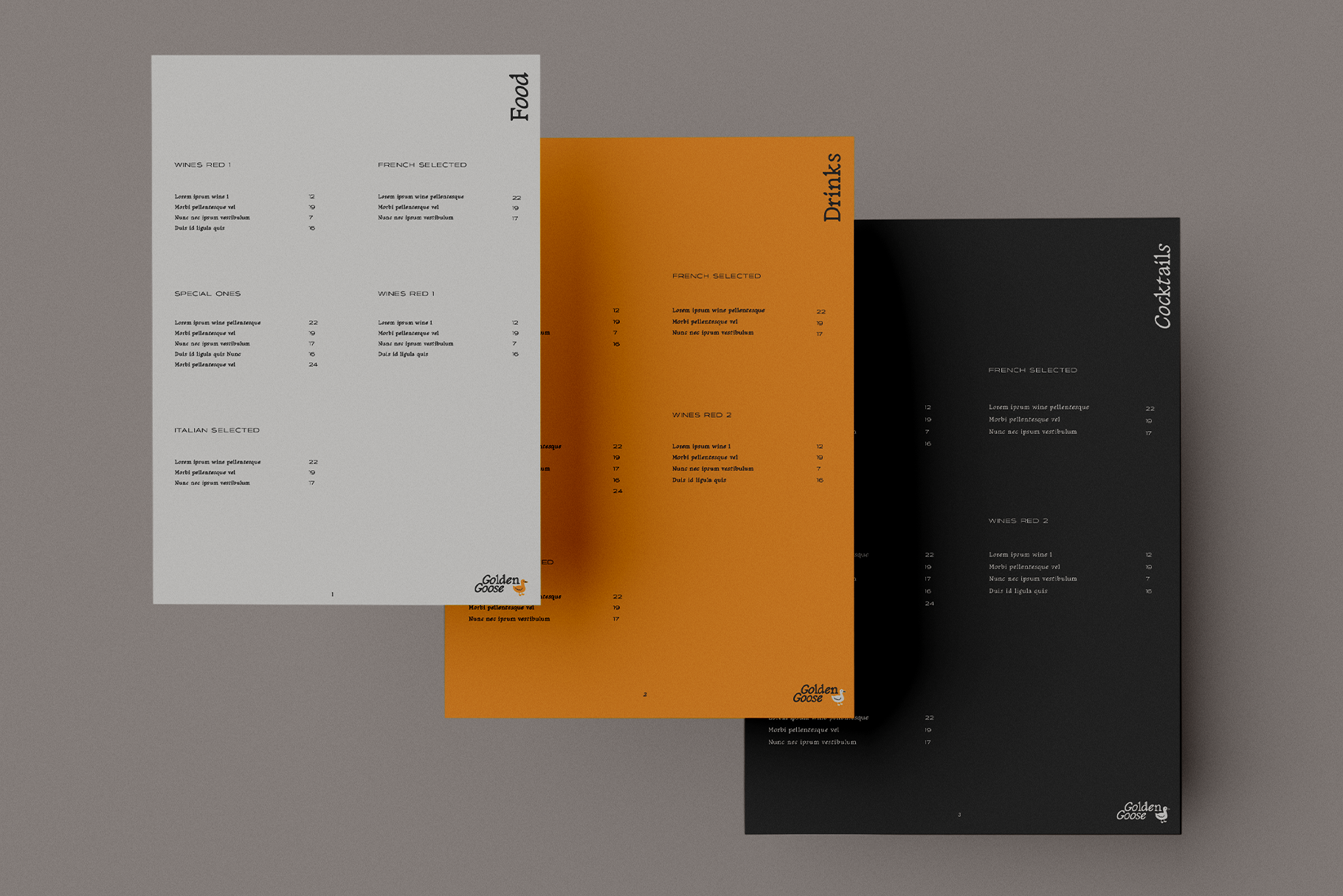 Restaurant menu pages in beige orange black showing food, drinks, cocktails sections